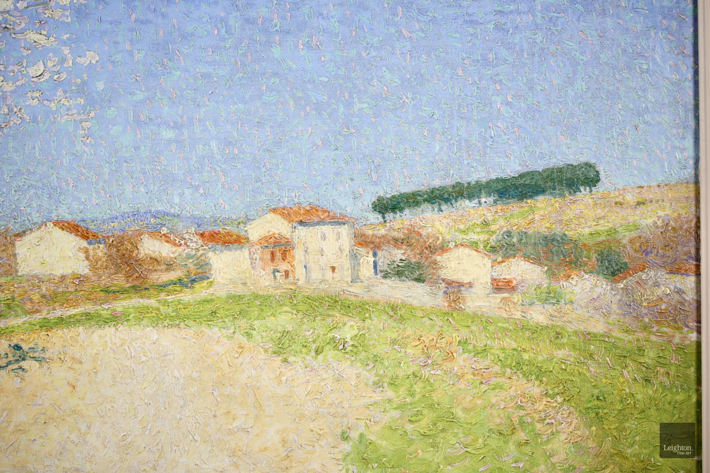 Belveze du Razes - Huile pointilliste néo-impressionniste, paysage d'Achille Lauge - Pointillisme Art par Achille Laugé
