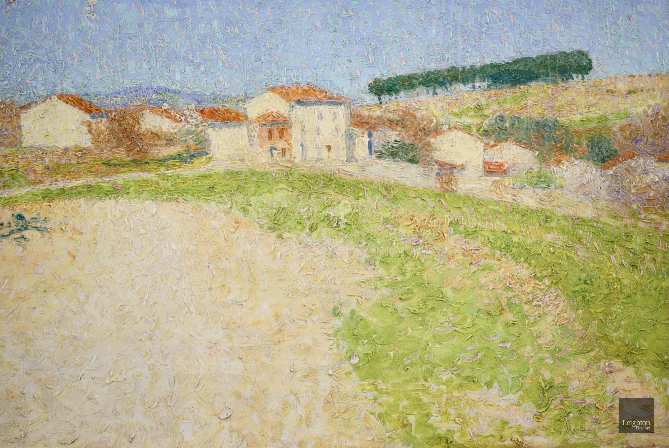 Belveze du Razes - Huile pointilliste néo-impressionniste, paysage d'Achille Lauge - Gris Landscape Art par Achille Laugé