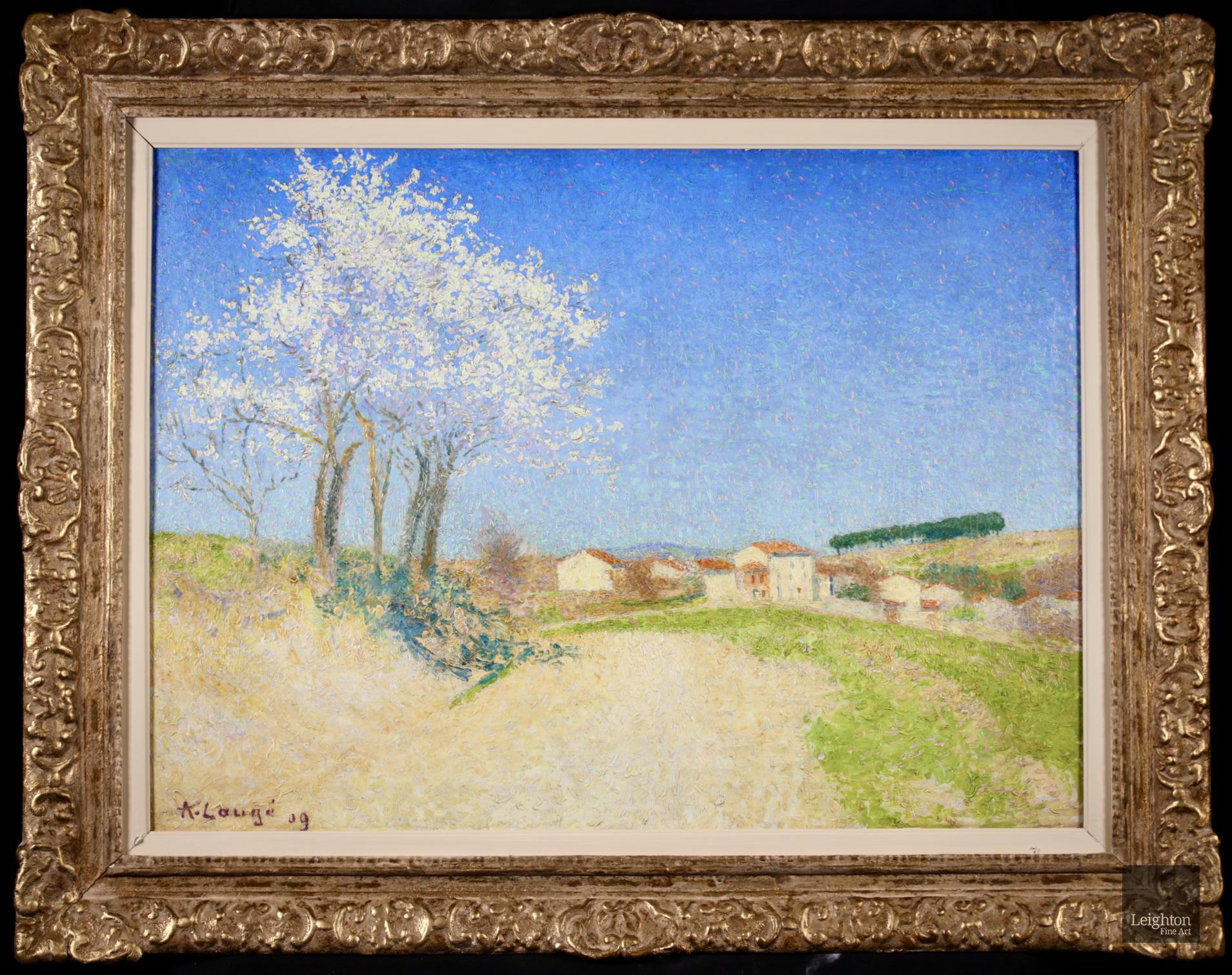 Belveze du Razes - Huile pointilliste néo-impressionniste, paysage d'Achille Lauge