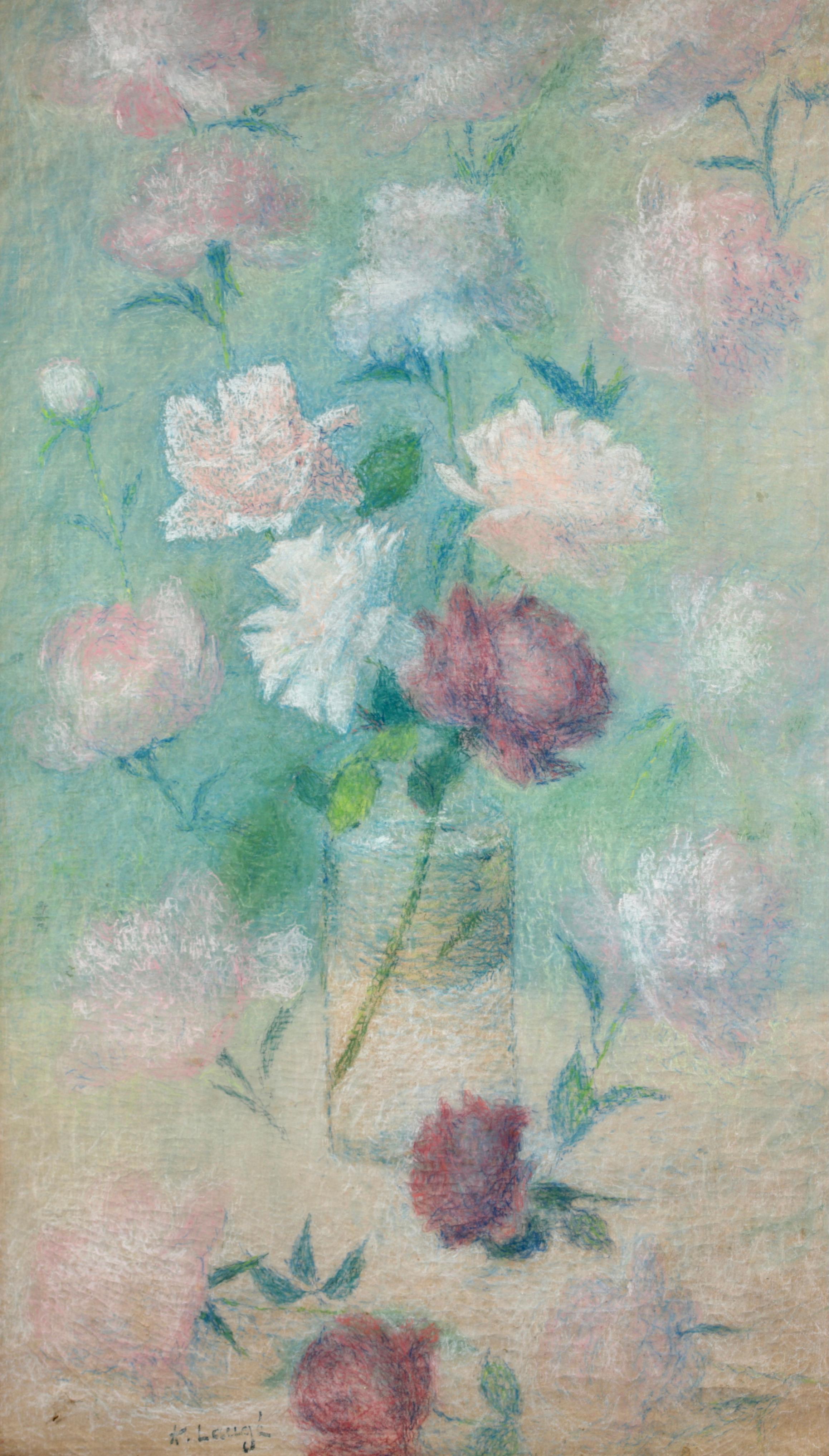 Flores en un jarrón - Pintura al pastel de naturaleza muerta neoimpresionista - Achille Lauge - Art de Achille Laugé