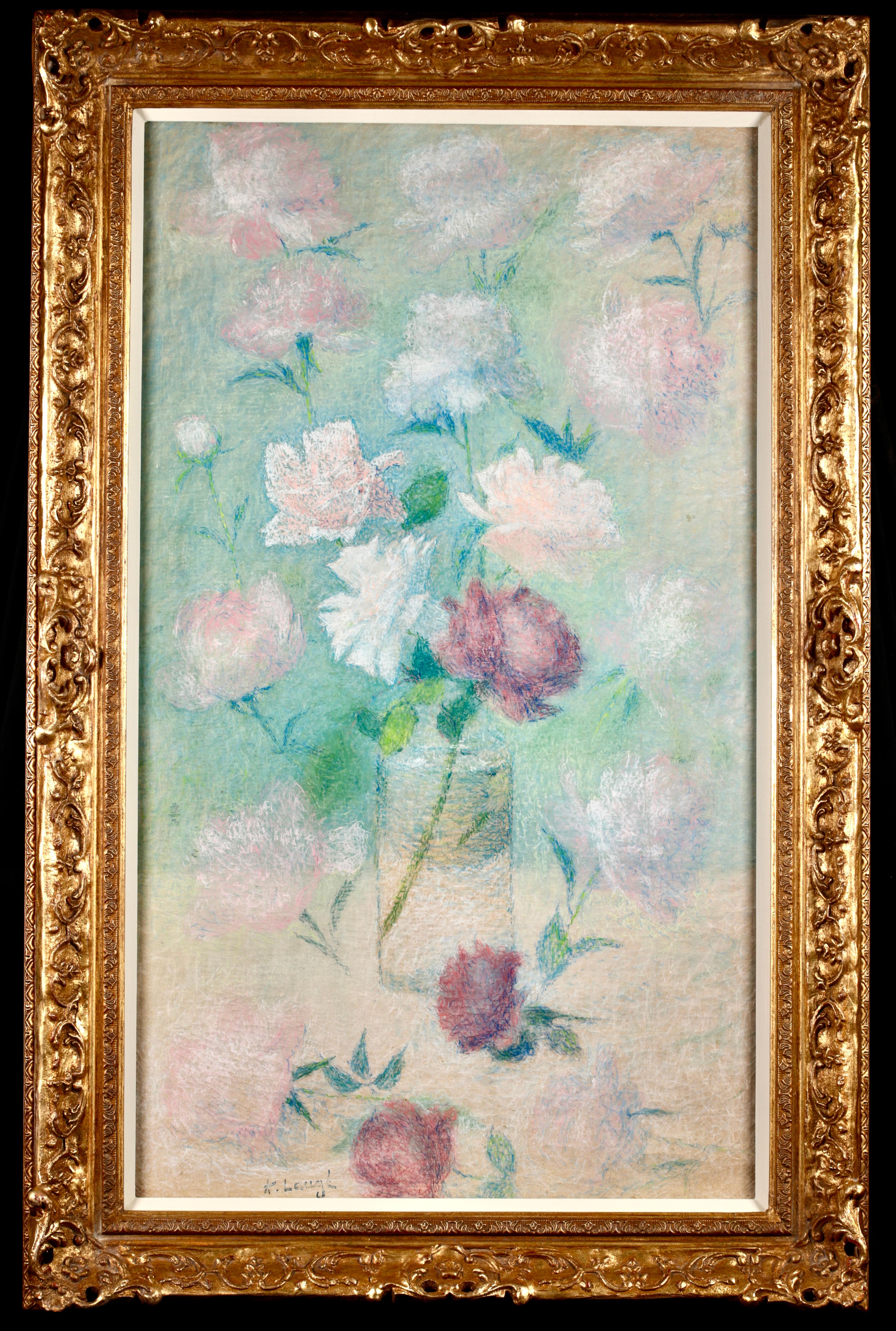 Achille Laugé Still-Life - Flowers in a Vase - Neo Impressionist Still Life Pastel Painting - Achille Lauge