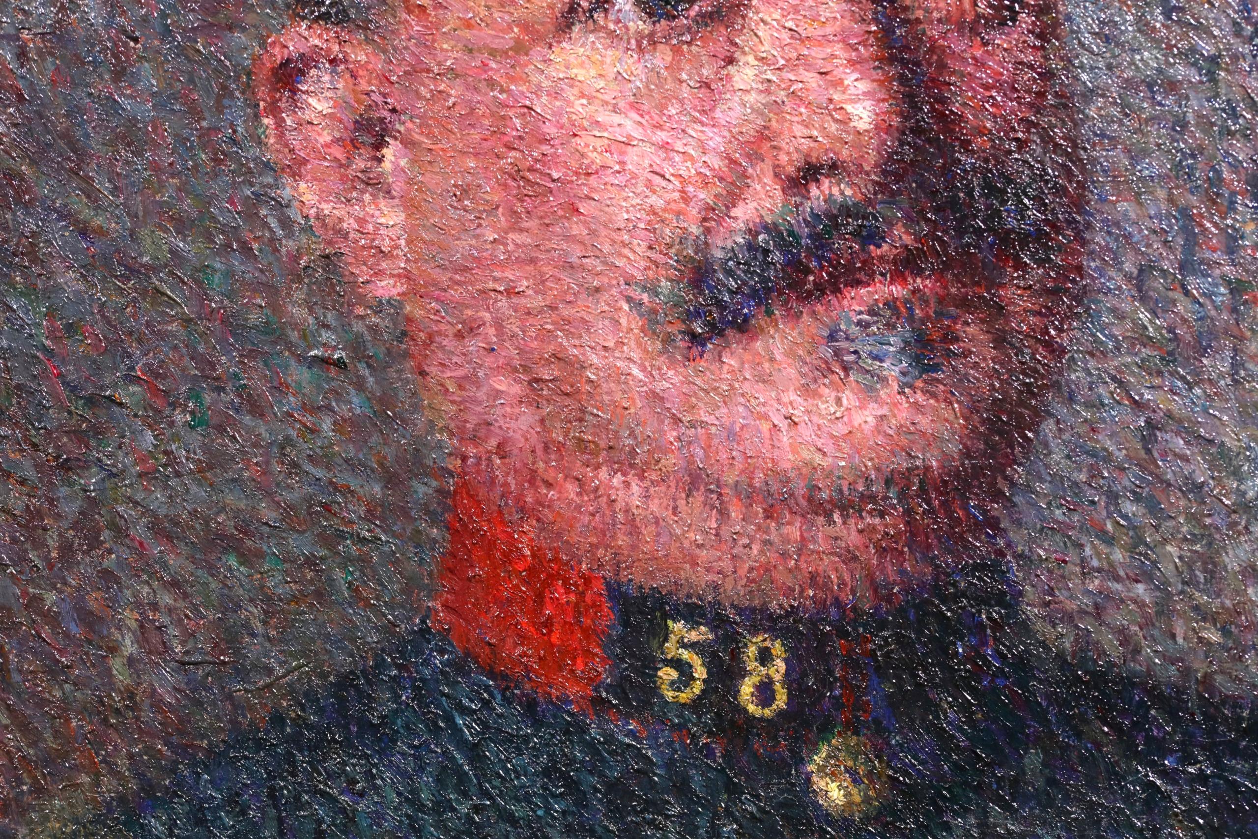 Le Chef de Gare - Ritratto neoimpressionista dipinto a olio da Achille Lauge - Portrait Painting Marrone di Achille Laugé