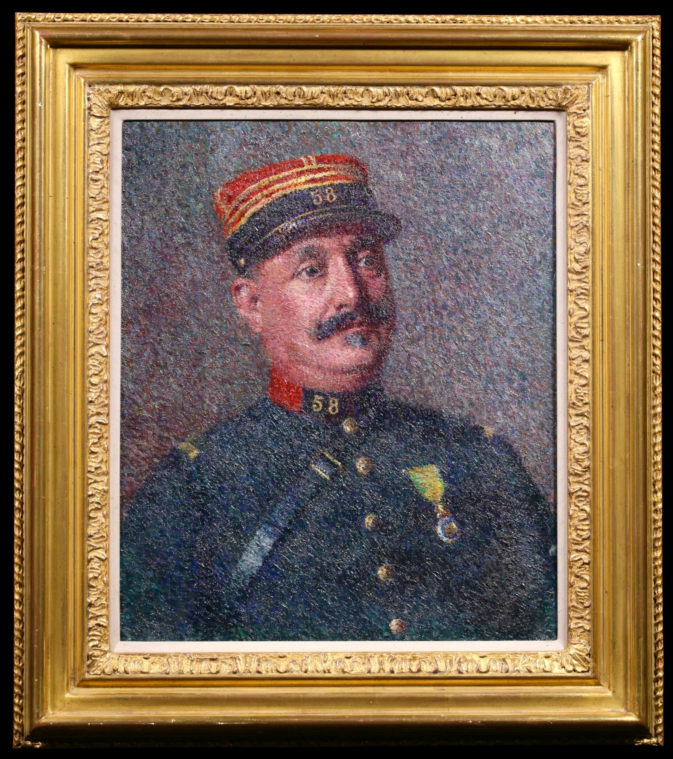 Portrait Painting di Achille Laugé - Le Chef de Gare - Ritratto neoimpressionista dipinto a olio da Achille Lauge