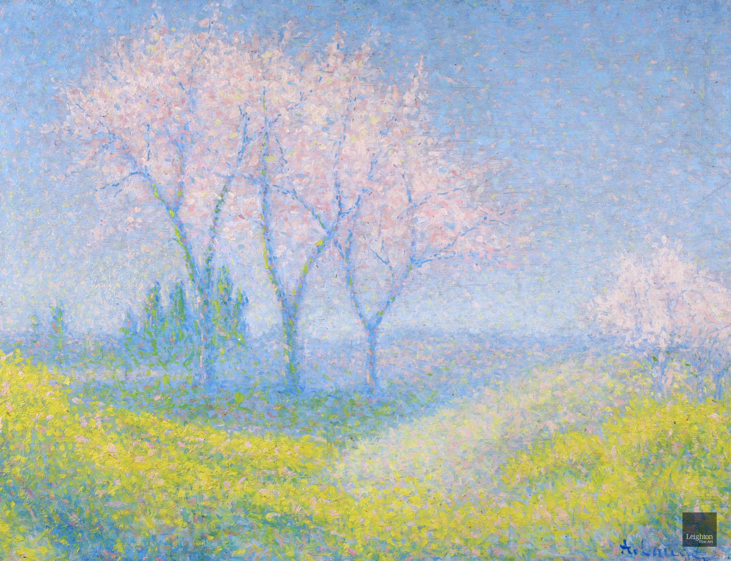 Printemps - huile pointilliste néo-impressionniste, paysage d'Achille Lauge - Painting de Achille Laugé