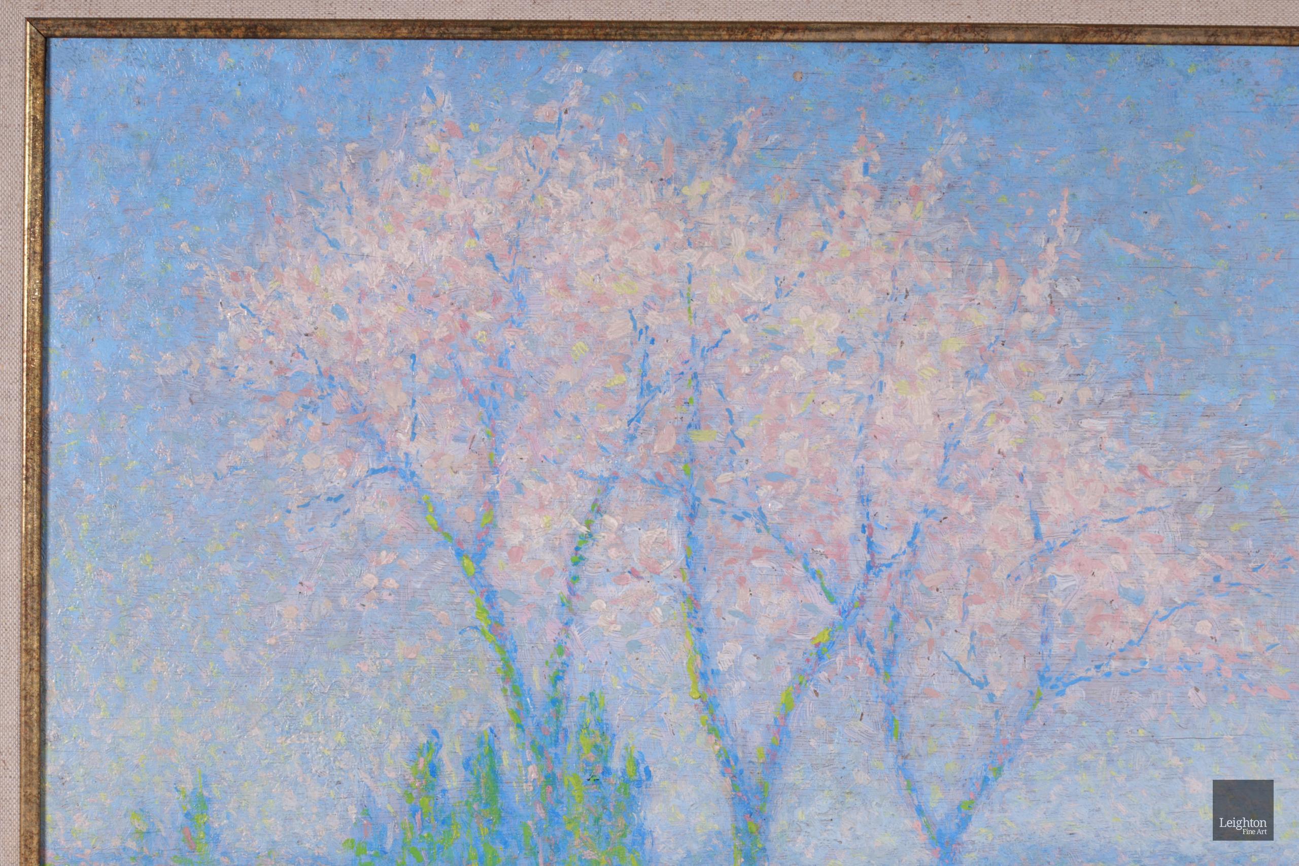 Printemps - huile pointilliste néo-impressionniste, paysage d'Achille Lauge - Pointillisme Painting par Achille Laugé