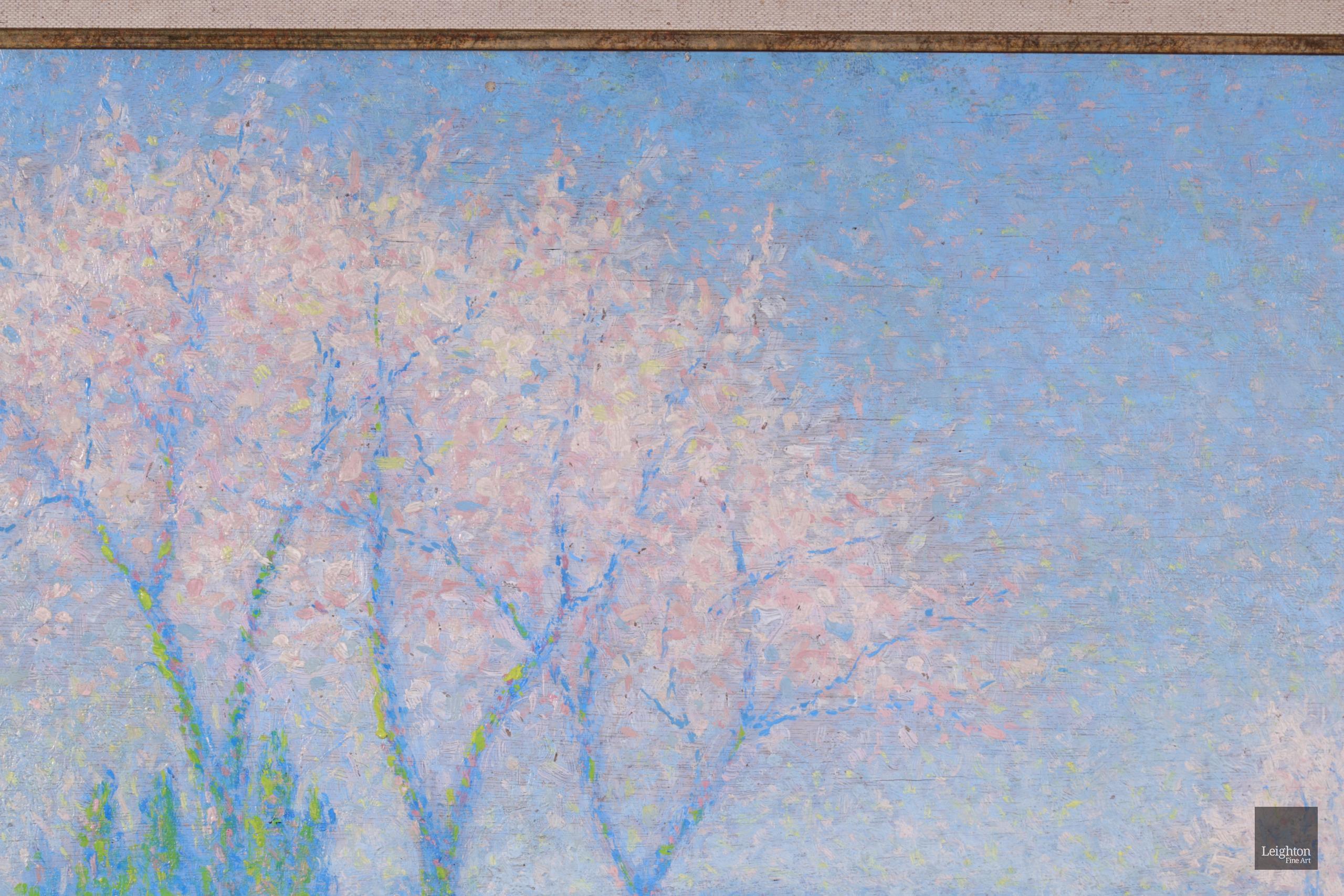 Printemps - huile pointilliste néo-impressionniste, paysage d'Achille Lauge - Gris Landscape Painting par Achille Laugé
