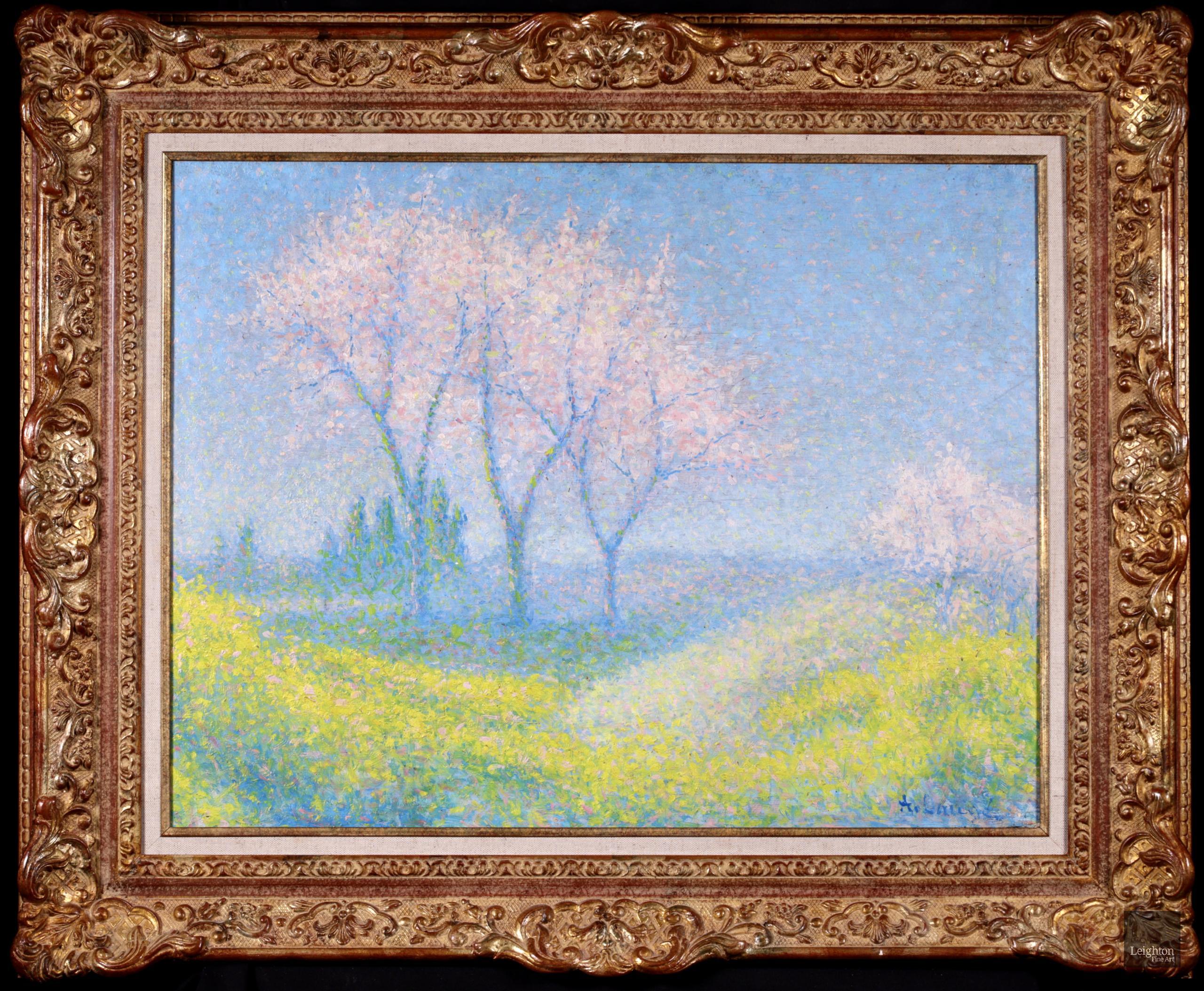 Landscape Painting Achille Laugé - Printemps - huile pointilliste néo-impressionniste, paysage d'Achille Lauge