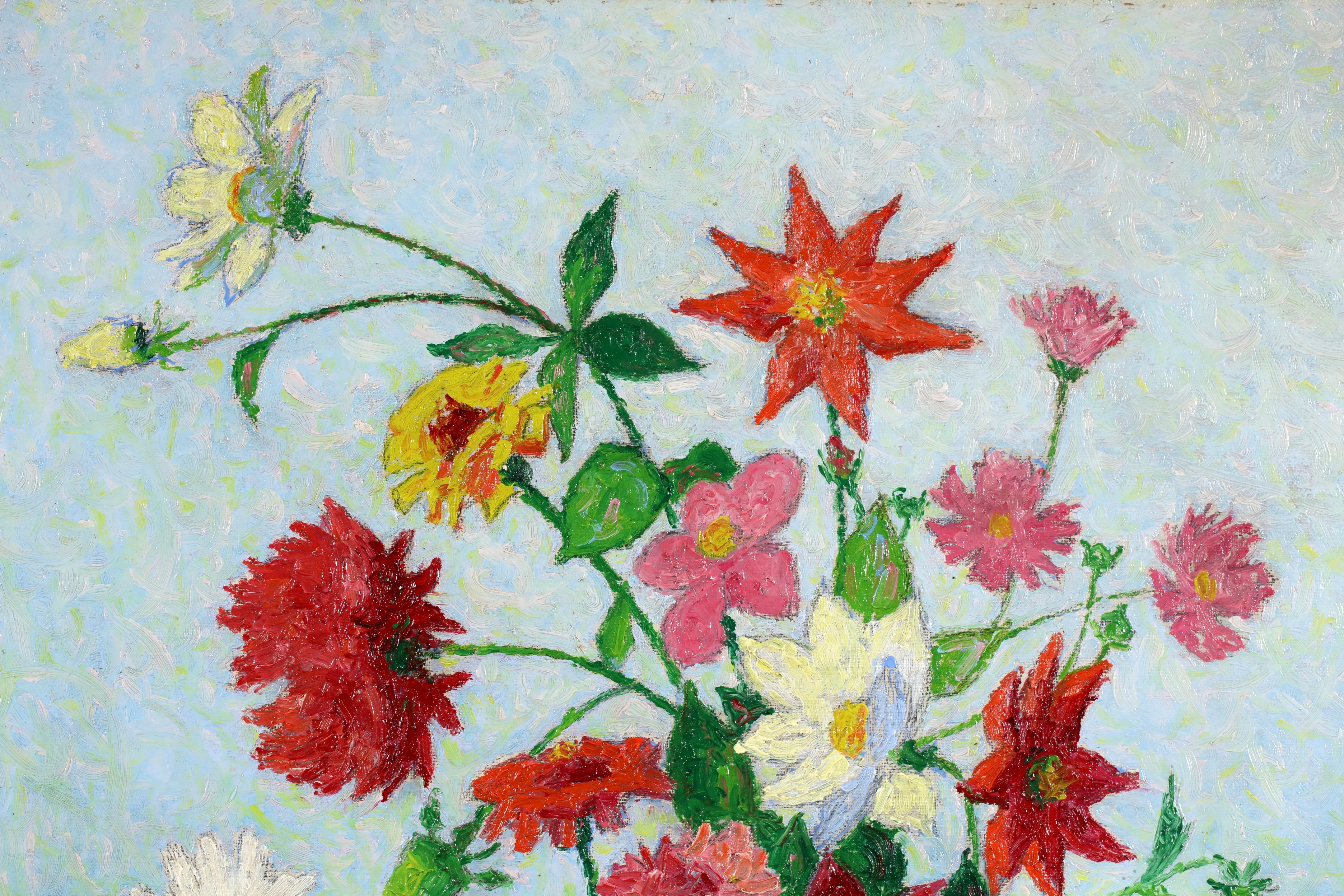 Nature morte à l'huile sur toile de style divisionniste signée vers 1909 par le peintre impressionniste français Achille Laugé. Cette superbe pièce représente un vase de fleurs posé sur une table. Le bouquet comprend des dahlias et des marguerites