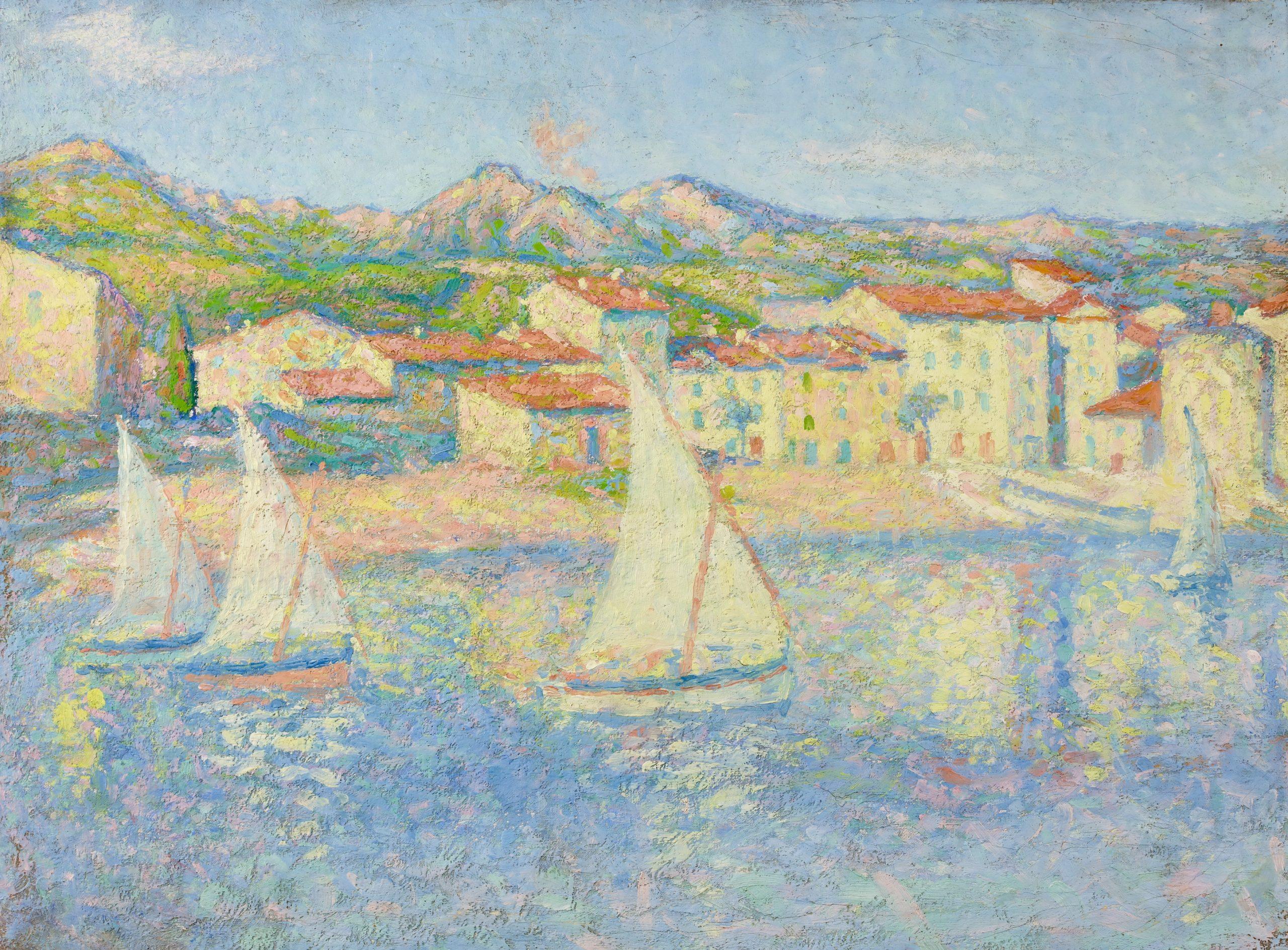 Vue de Collioure - Paesaggio neo-impressionista puntinista olio di Achille Lauge 5