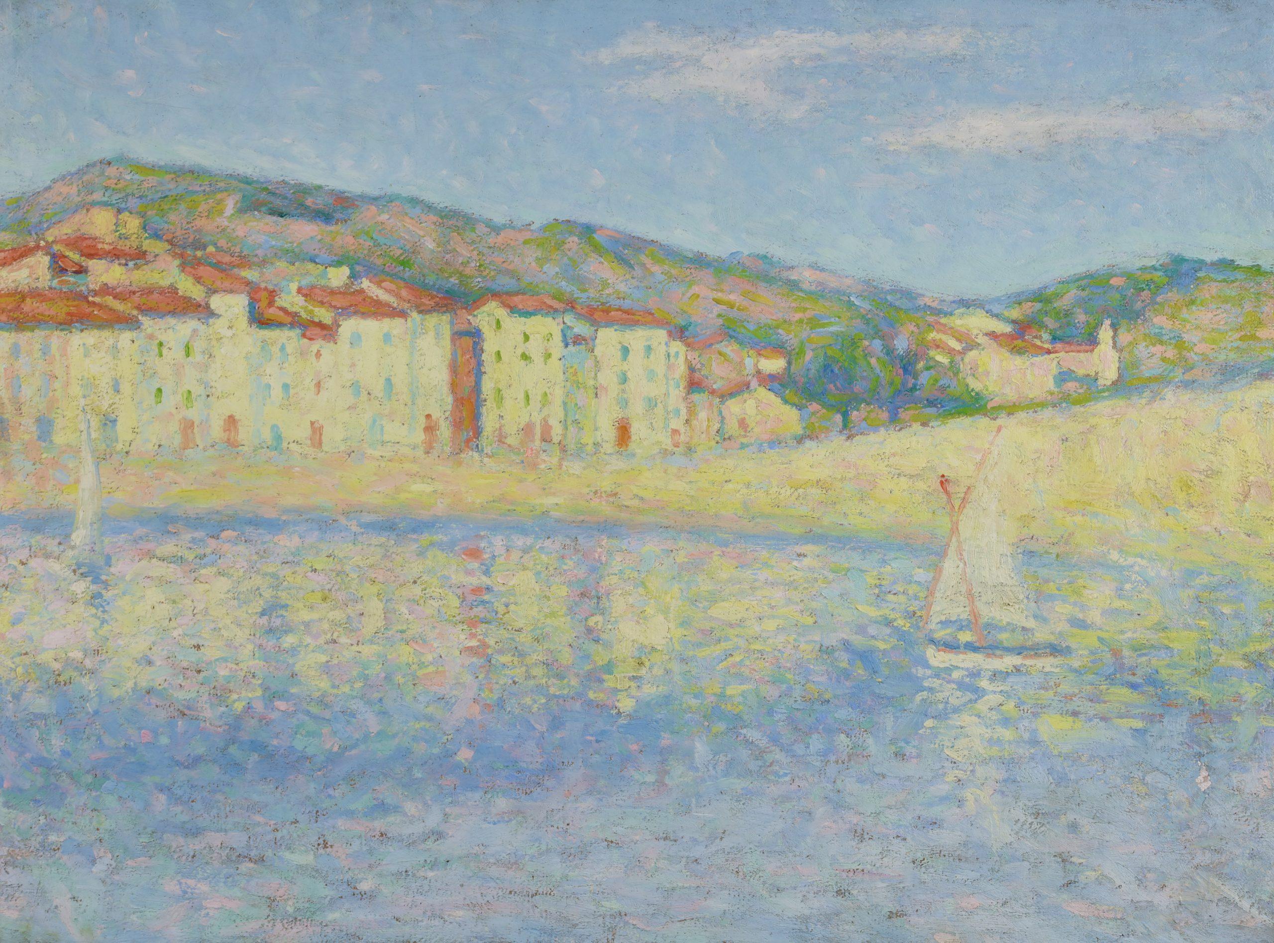 Vue de Collioure - Paesaggio neo-impressionista puntinista olio di Achille Lauge - Painting di Achille Laugé
