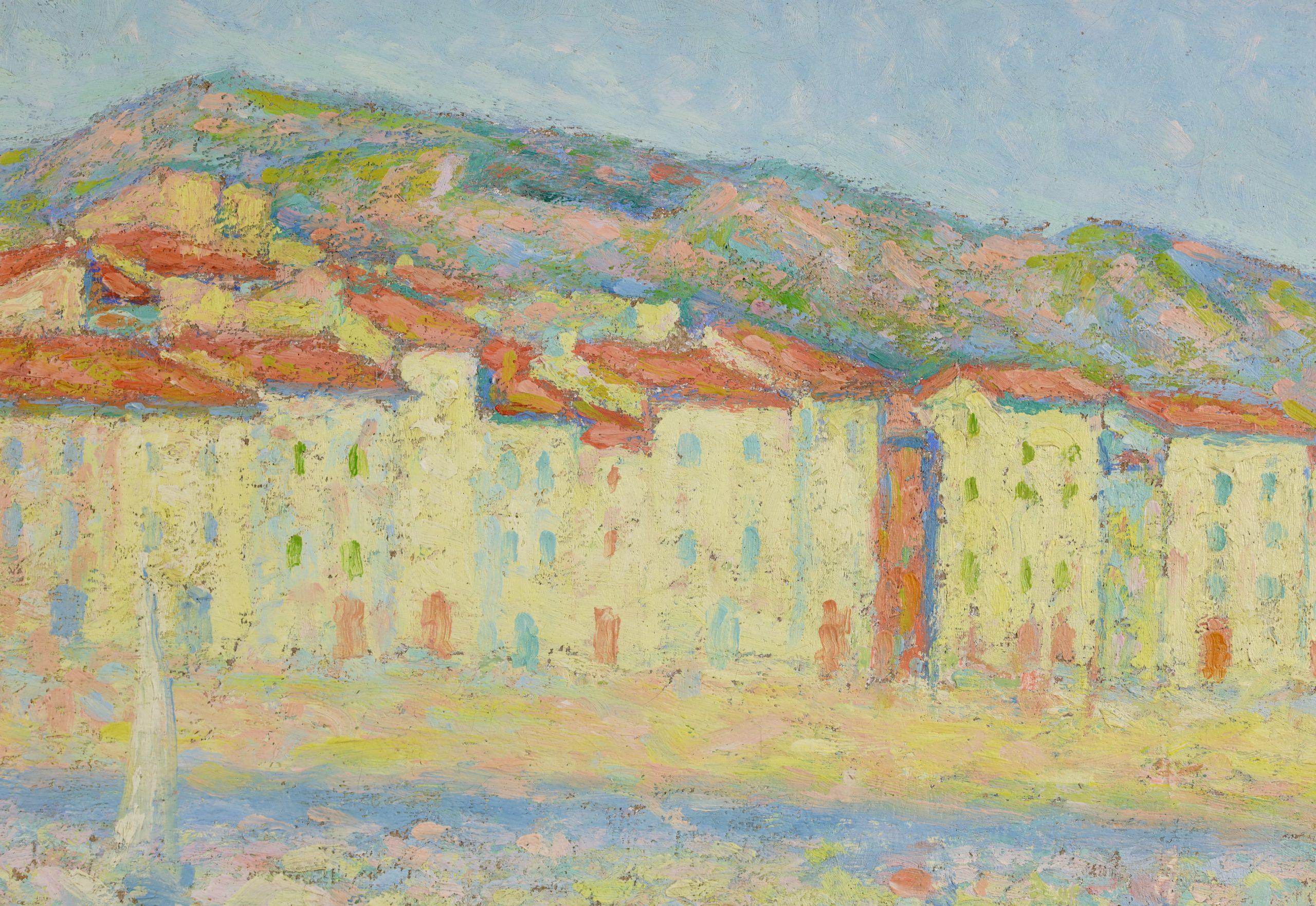 Vue de Collioure - Paesaggio neo-impressionista puntinista olio di Achille Lauge - Figurative Painting Grigio di Achille Laugé
