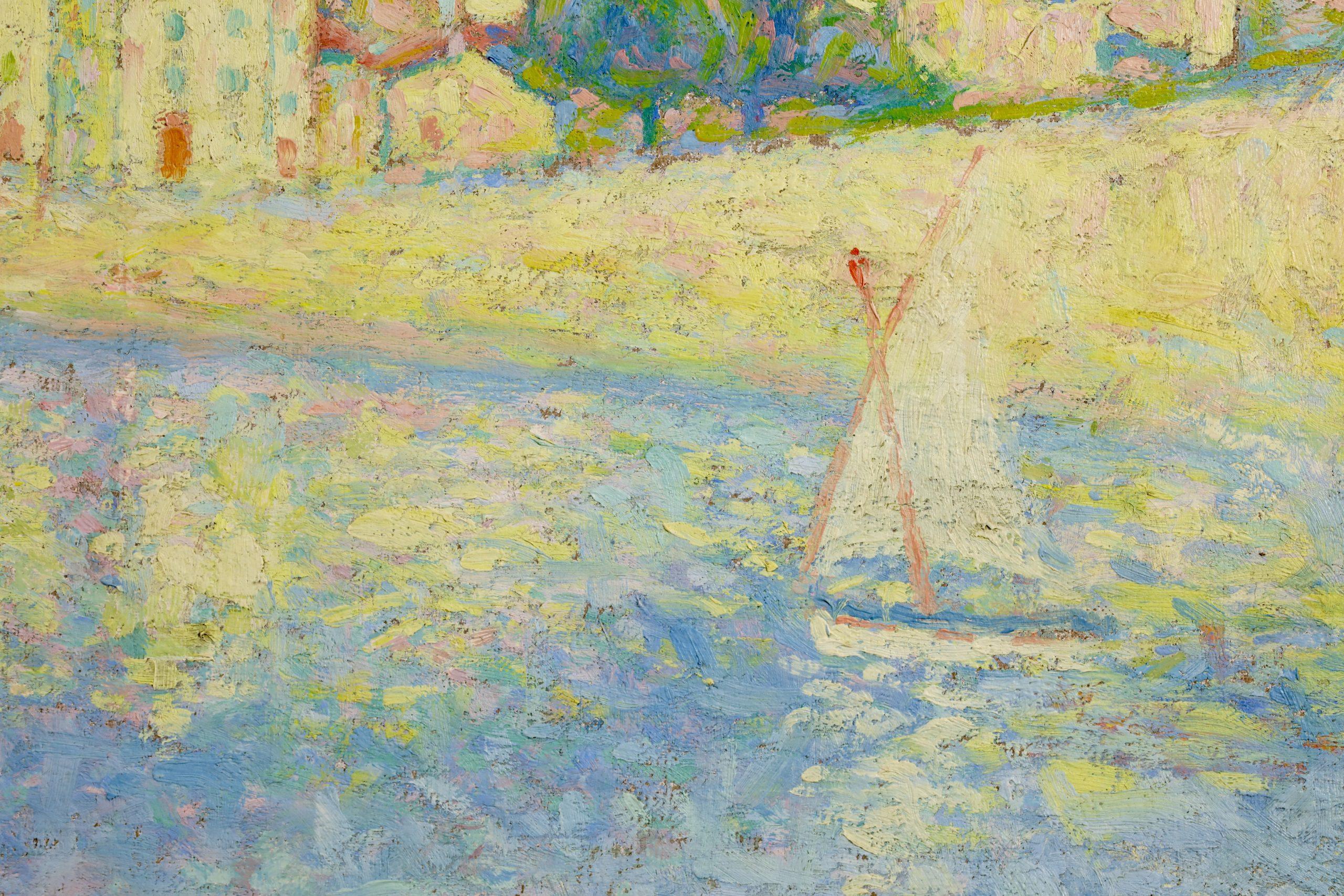 Lo splendido e grande paesaggio marino pointilliste olio su tela del 1928 circa è opera del pittore neo-impressionista francese Achille Lauge. L'opera, dipinta su due tele congiunte, raffigura una veduta di Collioure, un comune del dipartimento