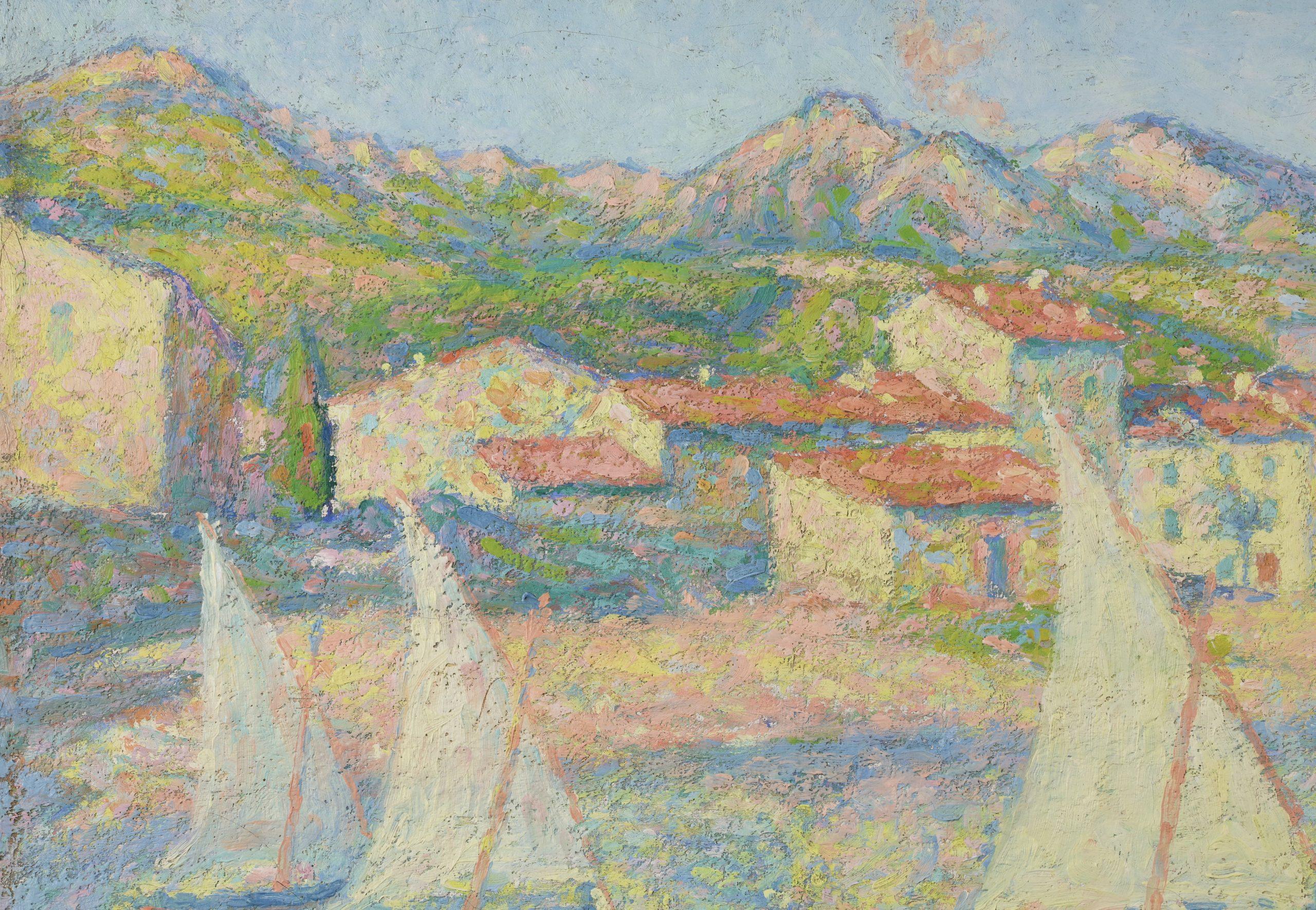 Vue de Collioure - Paesaggio neo-impressionista puntinista olio di Achille Lauge 3