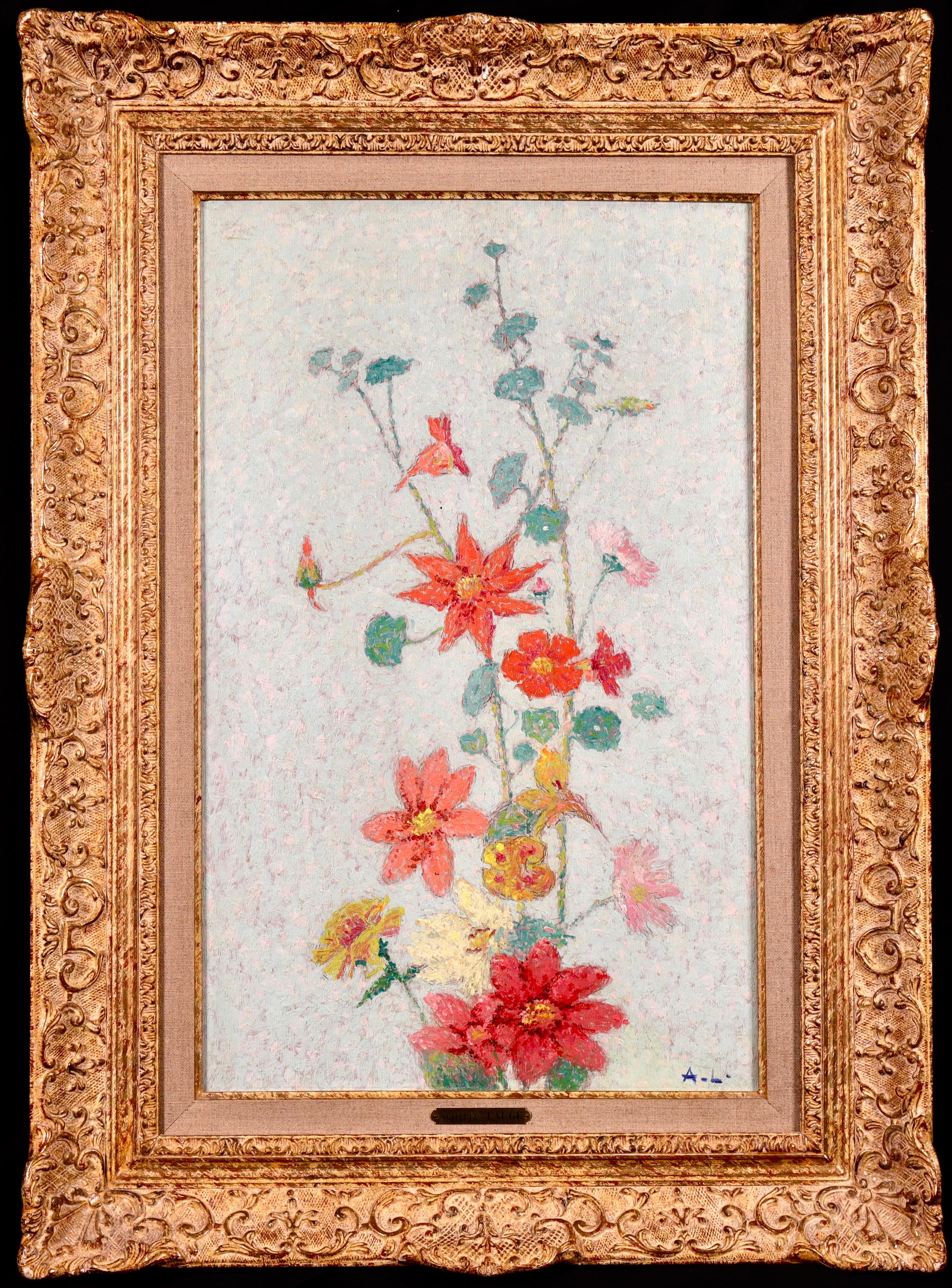Wildflowers - 19th Century Pointillist Oil, Still Life Flowers by Achille Lauge - Painting by Achille Laugé