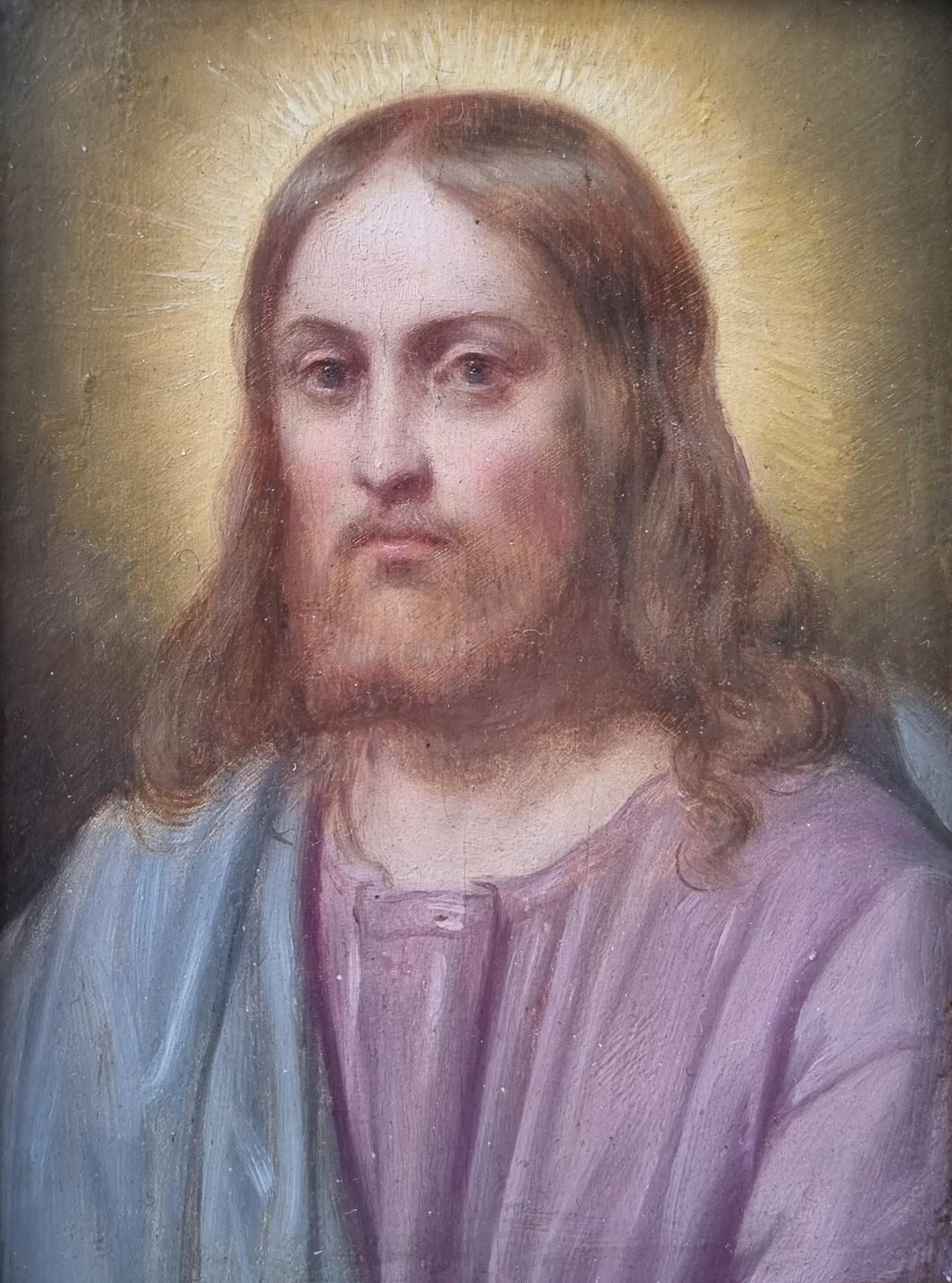 Französische religiöse kleine Gemälde Jesus und Jungfrau Maria Portrait Akademisch 19. – Painting von Achille LECARON