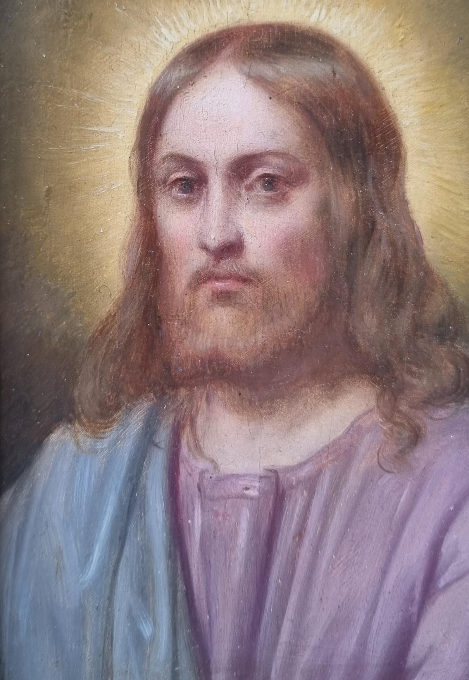 Französische religiöse kleine Gemälde Jesus und Jungfrau Maria Portrait Akademisch 19. (Braun), Portrait Painting, von Achille LECARON