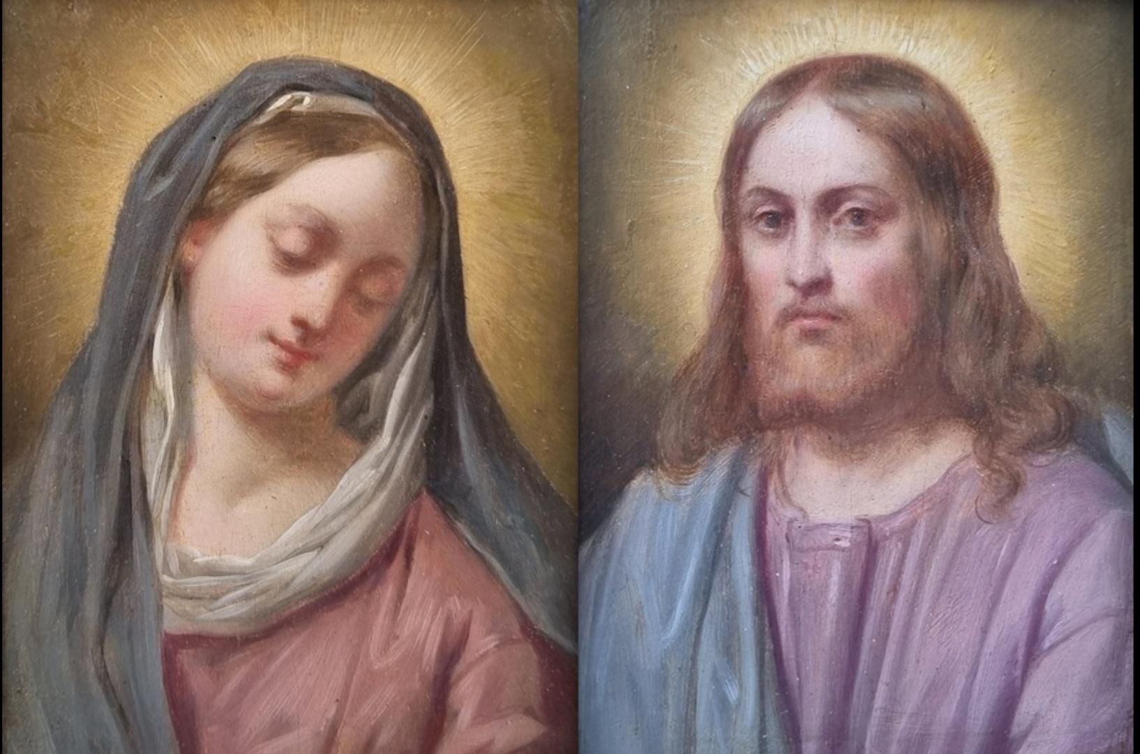 French religious small paintings Jesus and Virgin Mary Portrait Academic 19th