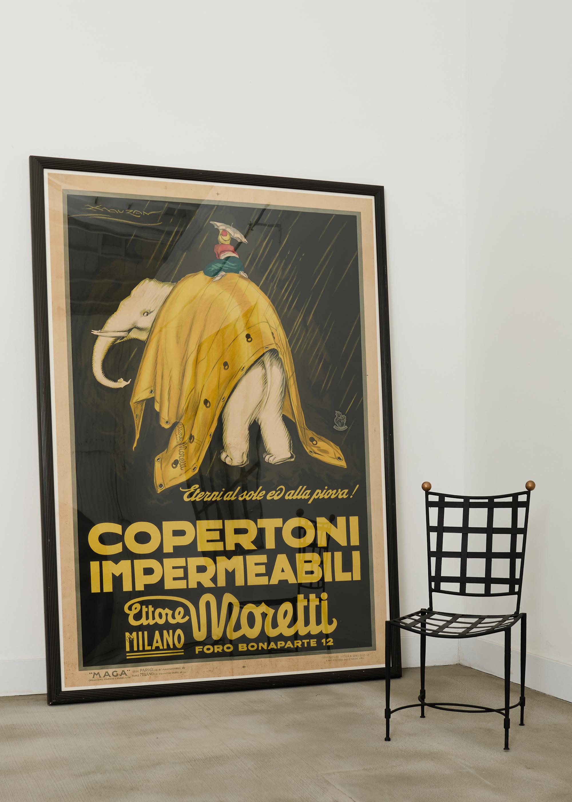 Fantastisches großes Werbeplakat aus dem frühen 20. Jahrhundert für wasserfeste Produkte von Moretti, entworfen von dem Künstler Achille Luciano Mauzan (Italiener 1883-1952). Lithografisches Plakat mit dem Titel 