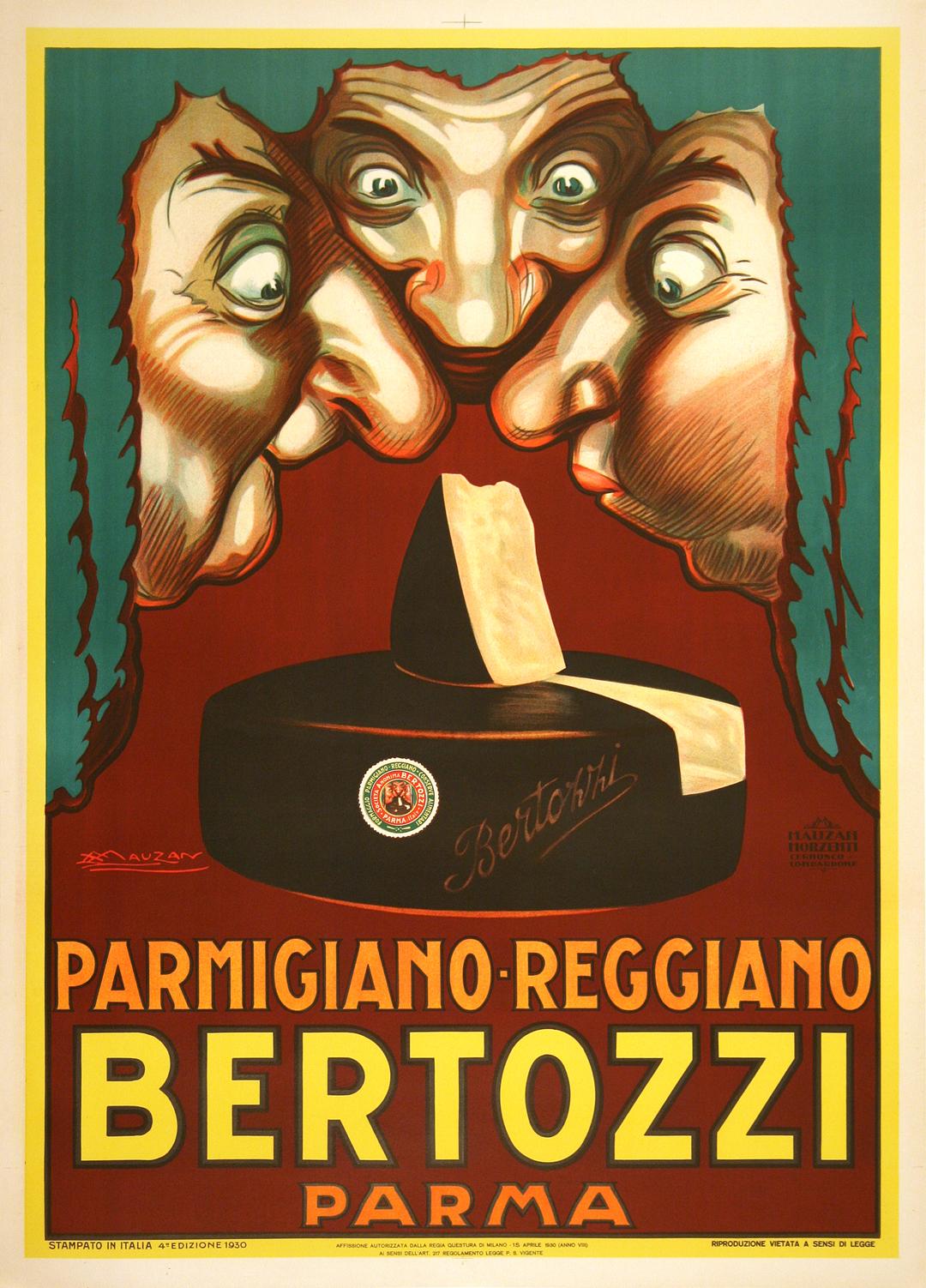 Achille Mauzan schuf dieses alte Plakat im Jahr 1924, um für die Käsemarke Bertozzi zu werben. Drei Richter mit ausdrucksstarken Gesichtern beugen sich über den Käse und geben uns einen Eindruck von dem duftenden und einladenden Geruch des Produkts.