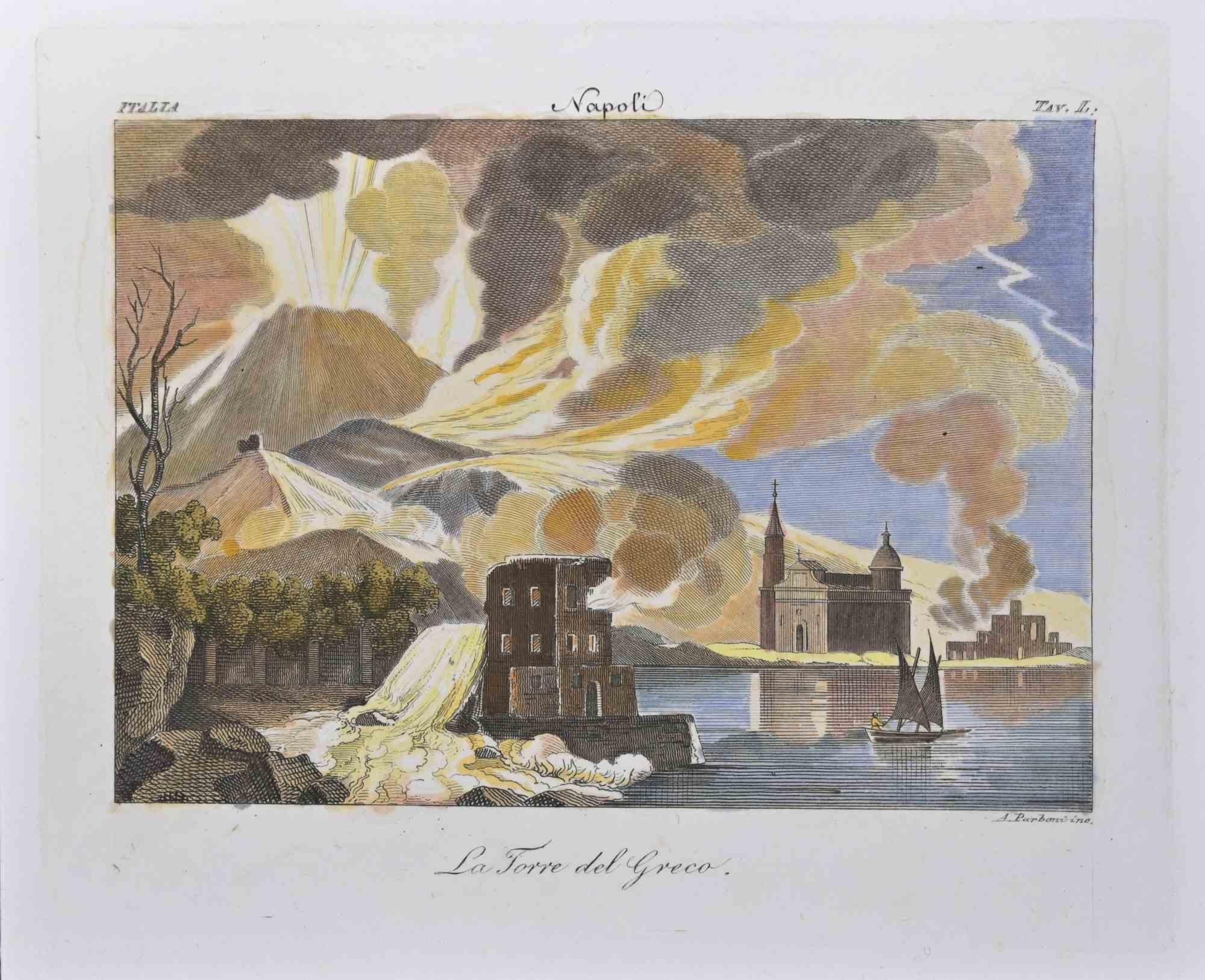 The Greco Tower is a black and white etching on paper, realized by the Italian engraver  Achille Parboni in the 19th century.

Signed on the plate.

Titled in the lower.

Good conditions with foxing.