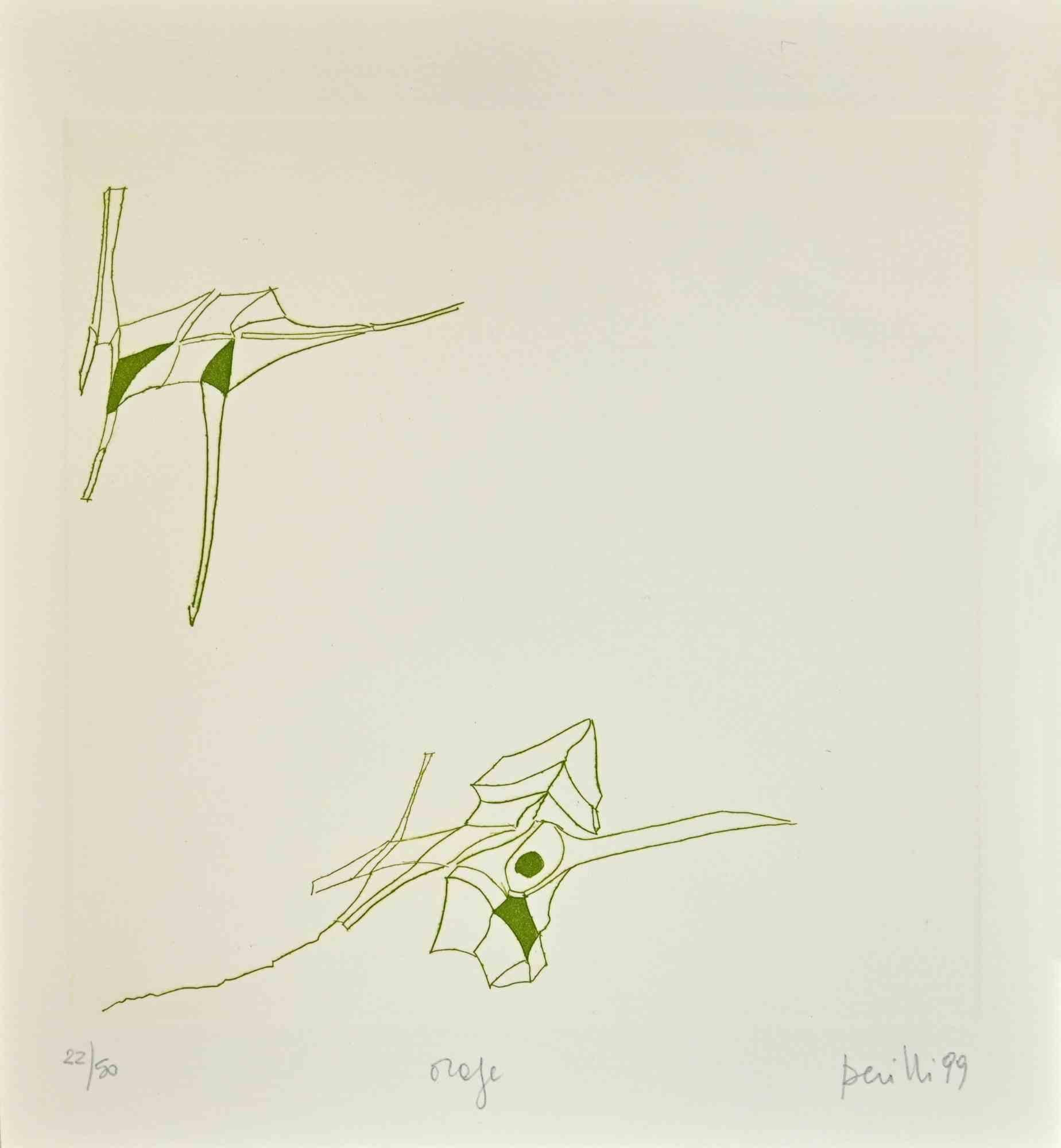 Phrases - Orafe is an original Contemporary artwork realized by the Italian Contemporary artist Achille Perilli  (1927 -2021) and by the French philosopher Philippe Lacoue-Labarthe (1940-2007), in 1999.

Original etching on Arches Velin Blanc