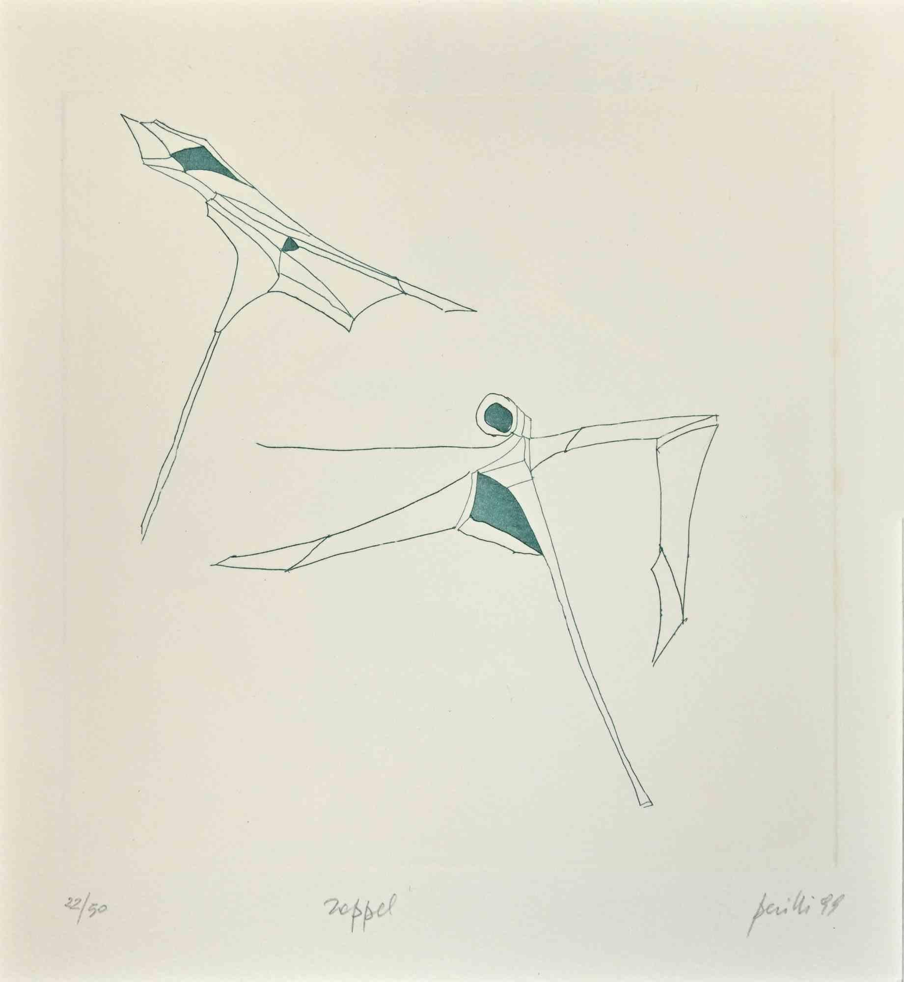 Phrases - Rappel est une œuvre d'art contemporain réalisée par l'artiste contemporain italien Achille Perilli (1927 -2021) et par le philosophe français Philippe Lacoue-Labarthe (1940-2007), en 1999.

Gravure originale sur papier Arches Velin