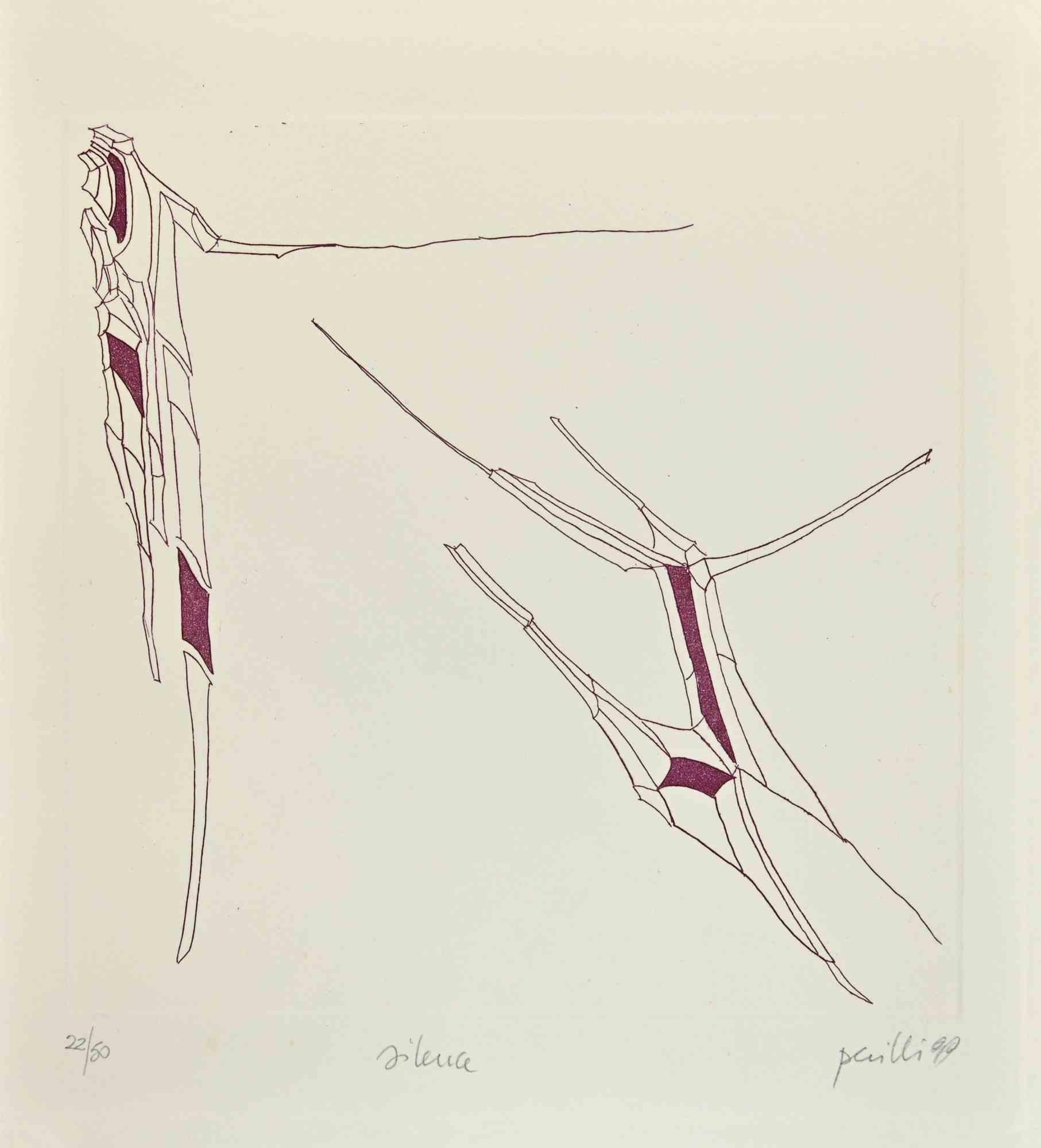 Phrases - Silence is a Contemporary artwork realized by the Italian Contemporary artist Achille Perilli  (1927 -2021) and by the French philosopher Philippe Lacoue-Labarthe (1940-2007), in 1999.

Original etching on Arches Velin Blanc