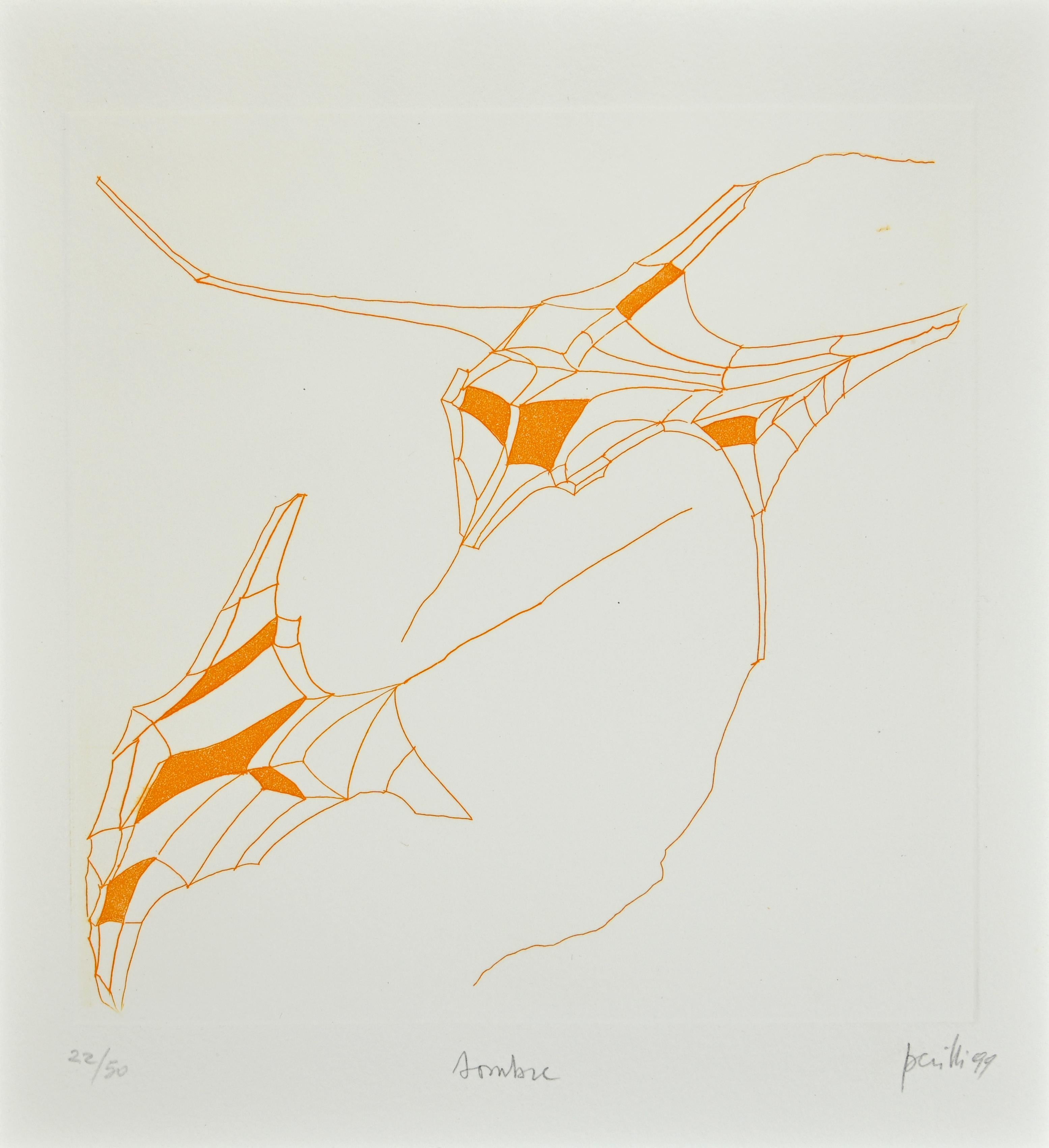 Phrases - Sombre ist ein zeitgenössisches Kunstwerk des italienischen zeitgenössischen Künstlers Achille Perilli (1927 -2021) und des französischen Philosophen Philippe Lacoue-Labarthe (1940-2007) aus dem Jahr 1999.

Original-Radierung auf Arches