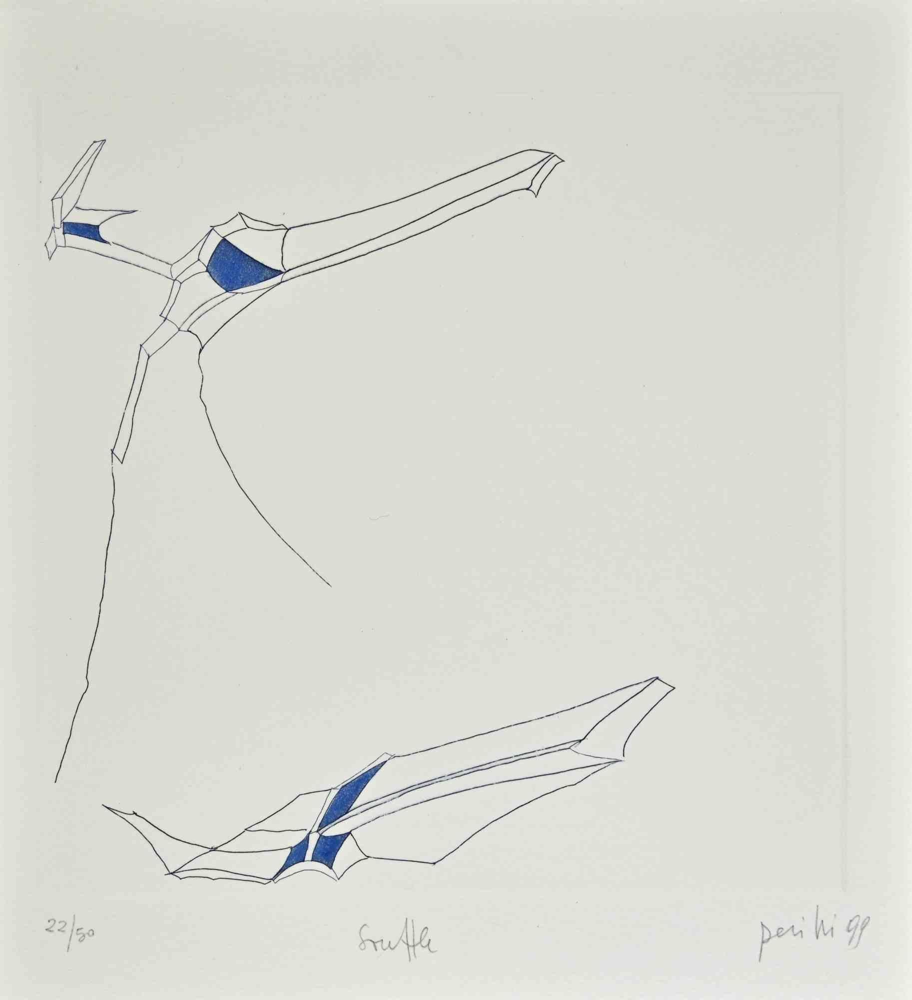 Phrases - Souffle is a Contemporary artwork realized by the Italian Contemporary artist Achille Perilli  (1927 -2021) and by the French philosopher Philippe Lacoue-Labarthe (1940-2007), in 1999.

Original etching on Arches Velin Blanc