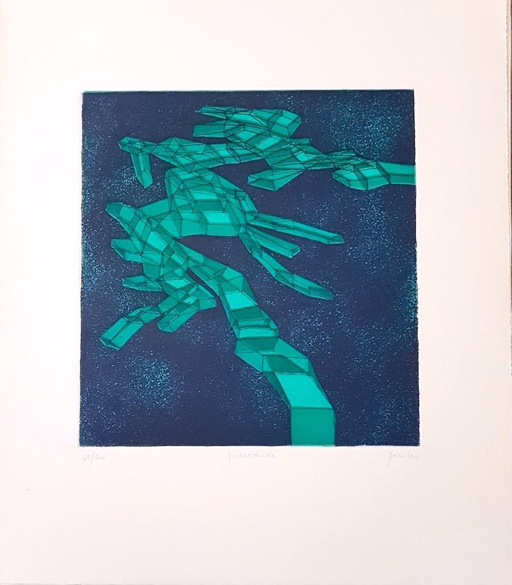 Interesting colored etching, 1971, representing an abstract composition. Edition of 50 prints. Print run, Title and signature hand-written with pencil on lower margin. In excellent condition. Sheet with embossing stamp on lower-left corner. 
Image