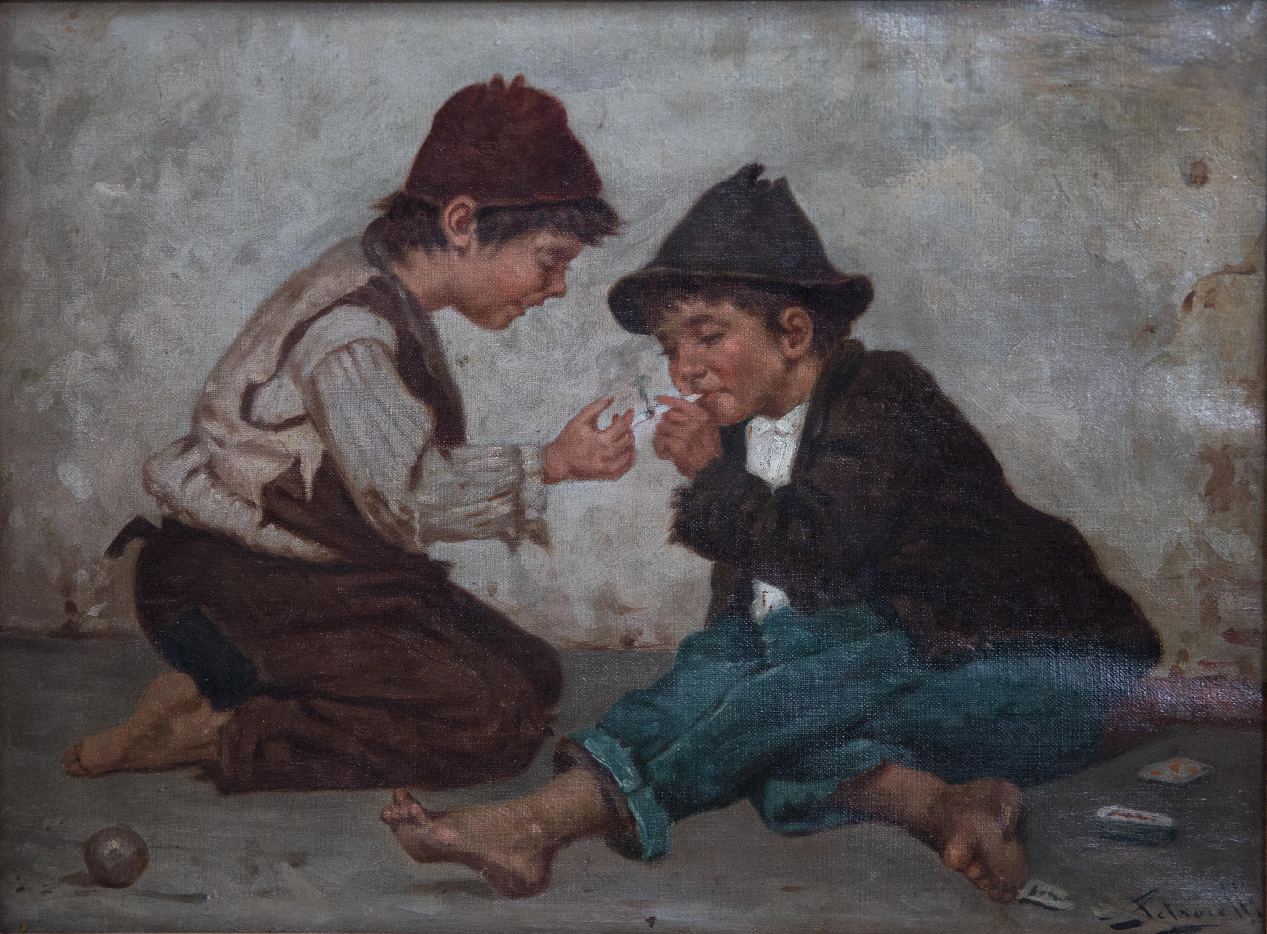 Offered is Achille Petrocelli signed oil on canvas of street urchins playing cards and smoking circa 1900. The work is a good example of the genre that was so popular at the turn of the century as Italian immigrants became successful, having