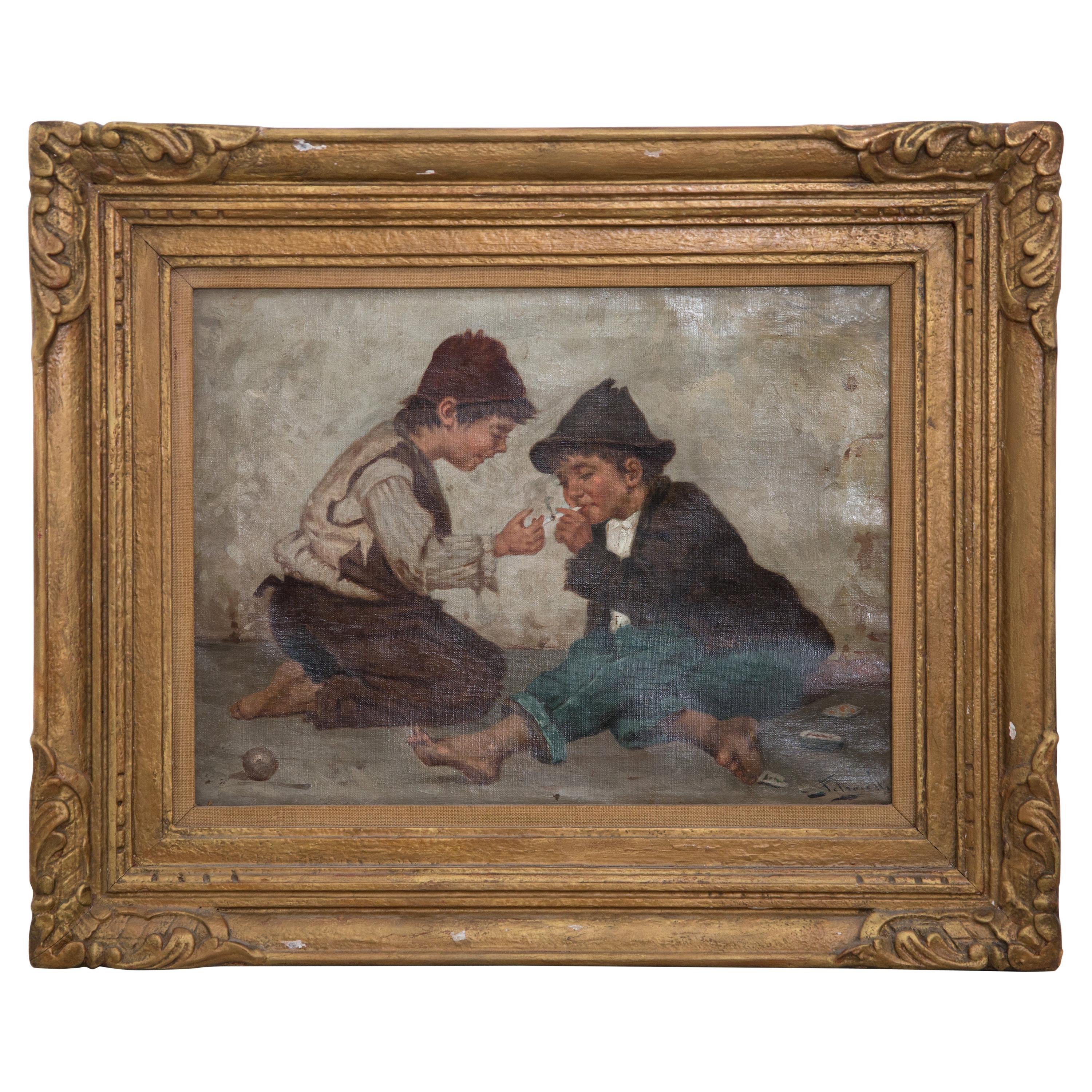 Achille Petrocelli Signed Oil on Canvas of Street Urchins, circa 1900