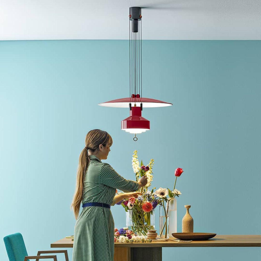 Painted Achille & Pier Castiglioni 'Saliscendi' Adjustable Pendant in Green for Stilnovo