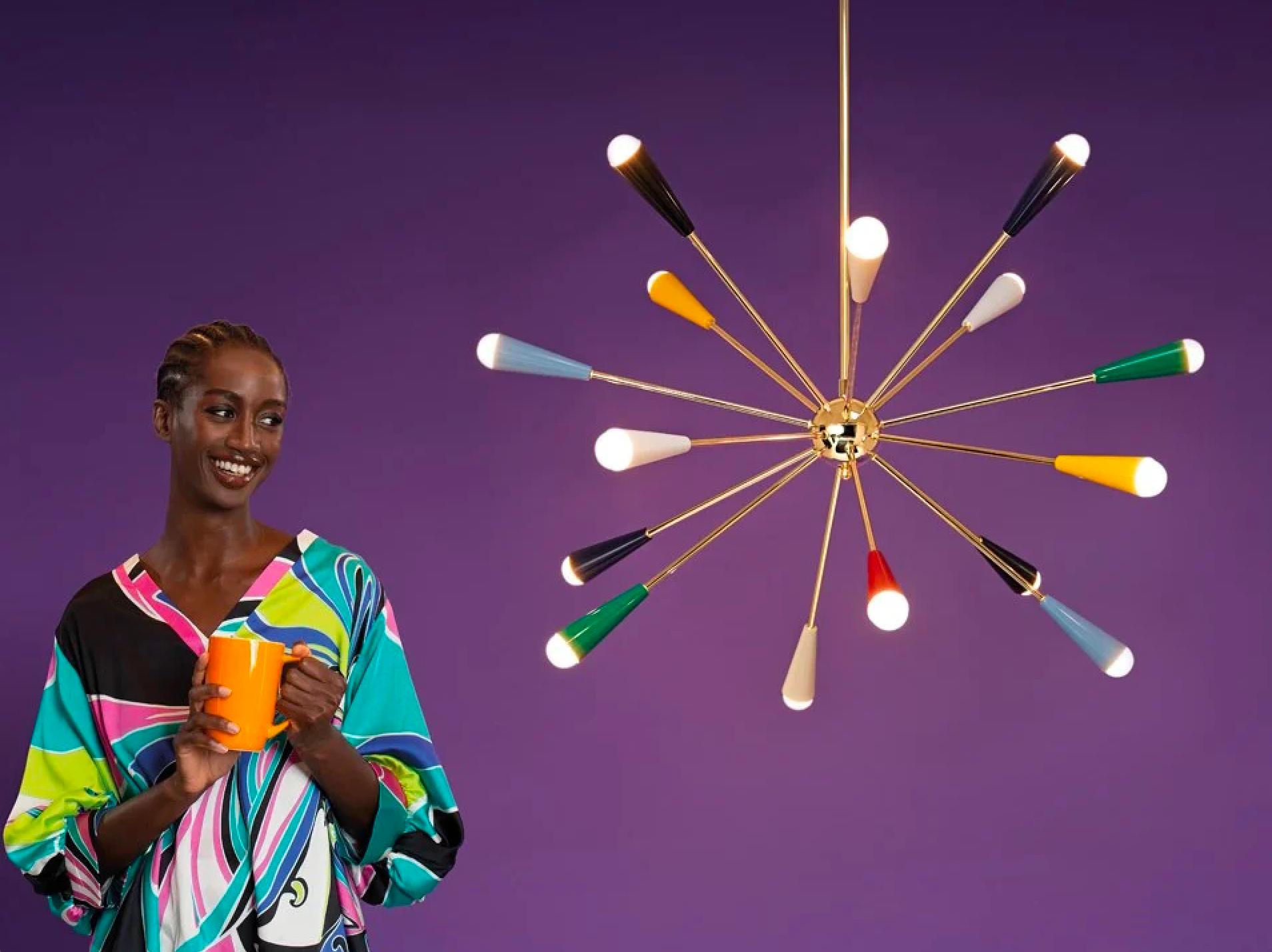 Achille & Pier Castiglioni 'Sputnik' brass chandelier in multicolor for Stilnovo

Founded in 1946 in Milan, Stilnovo was one of the most innovative lighting companies in Italy during the Midcentury era, producing iconic pieces by such luminaries as