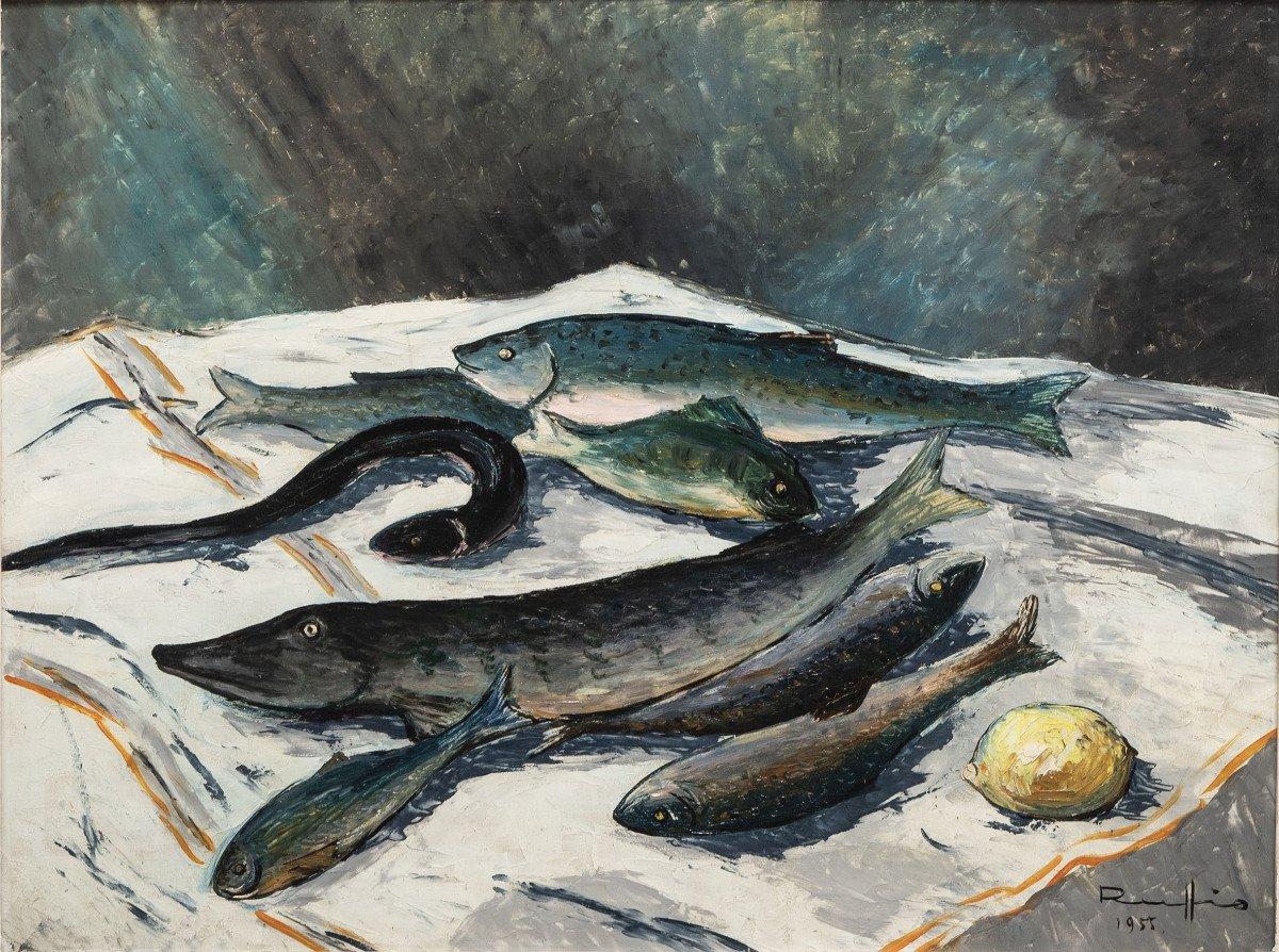Stillleben mit Fischen, Original Antikes Ölgemälde auf Holz, Französische Schule – Painting von Achille Rufio