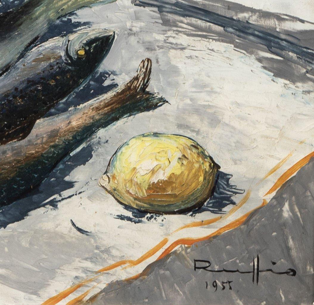 Stillleben mit Fischen, Original Antikes Ölgemälde auf Holz, Französische Schule (Impressionismus), Painting, von Achille Rufio