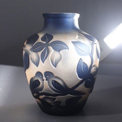 Acid etched Art Déco vase with birds by De Vianne, France