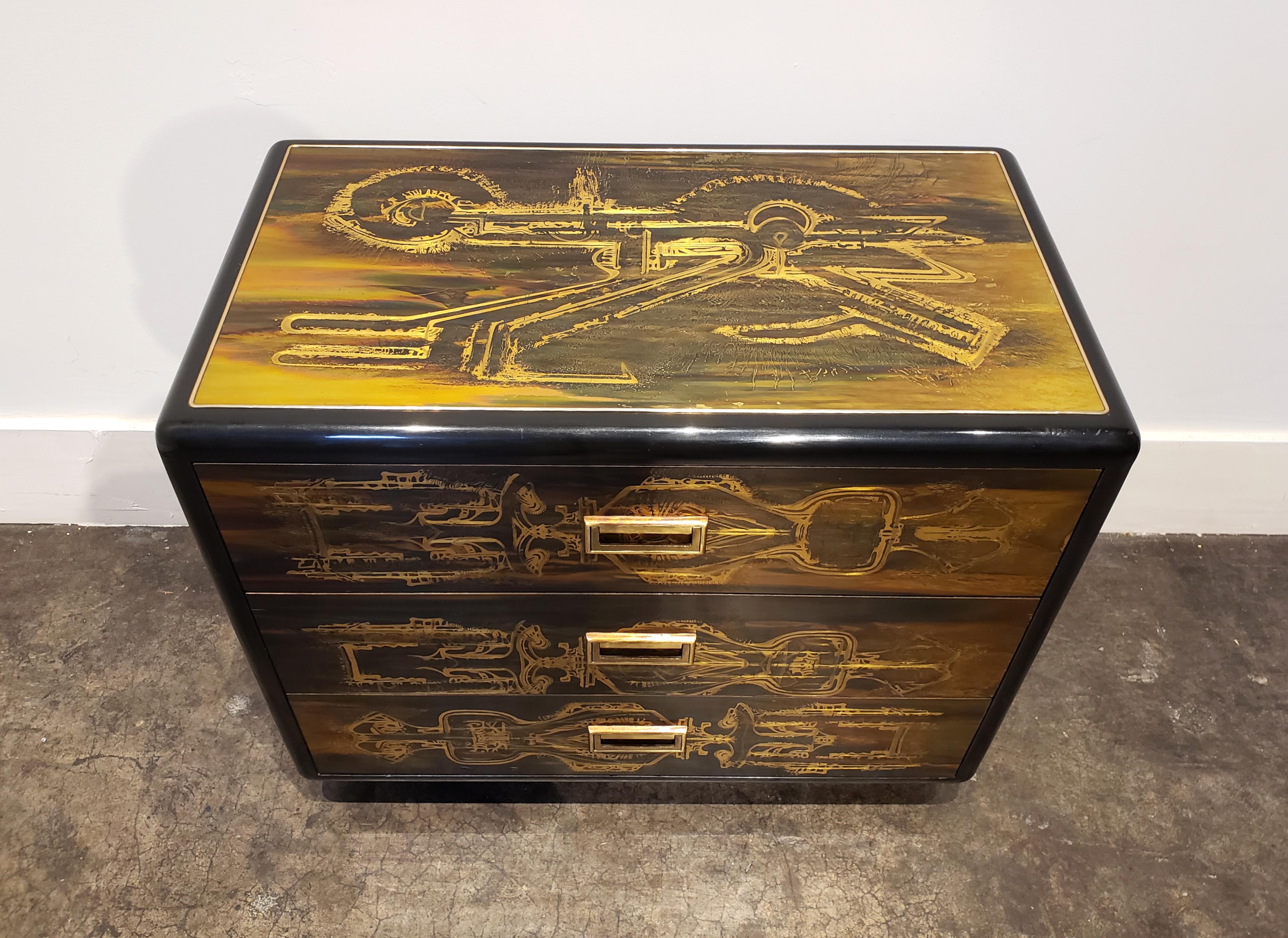 Mid-Century Modern Acid Etched Brass and Black Lacquer Chest Cabinet Bernhard Rohne for Mastercraft For Sale