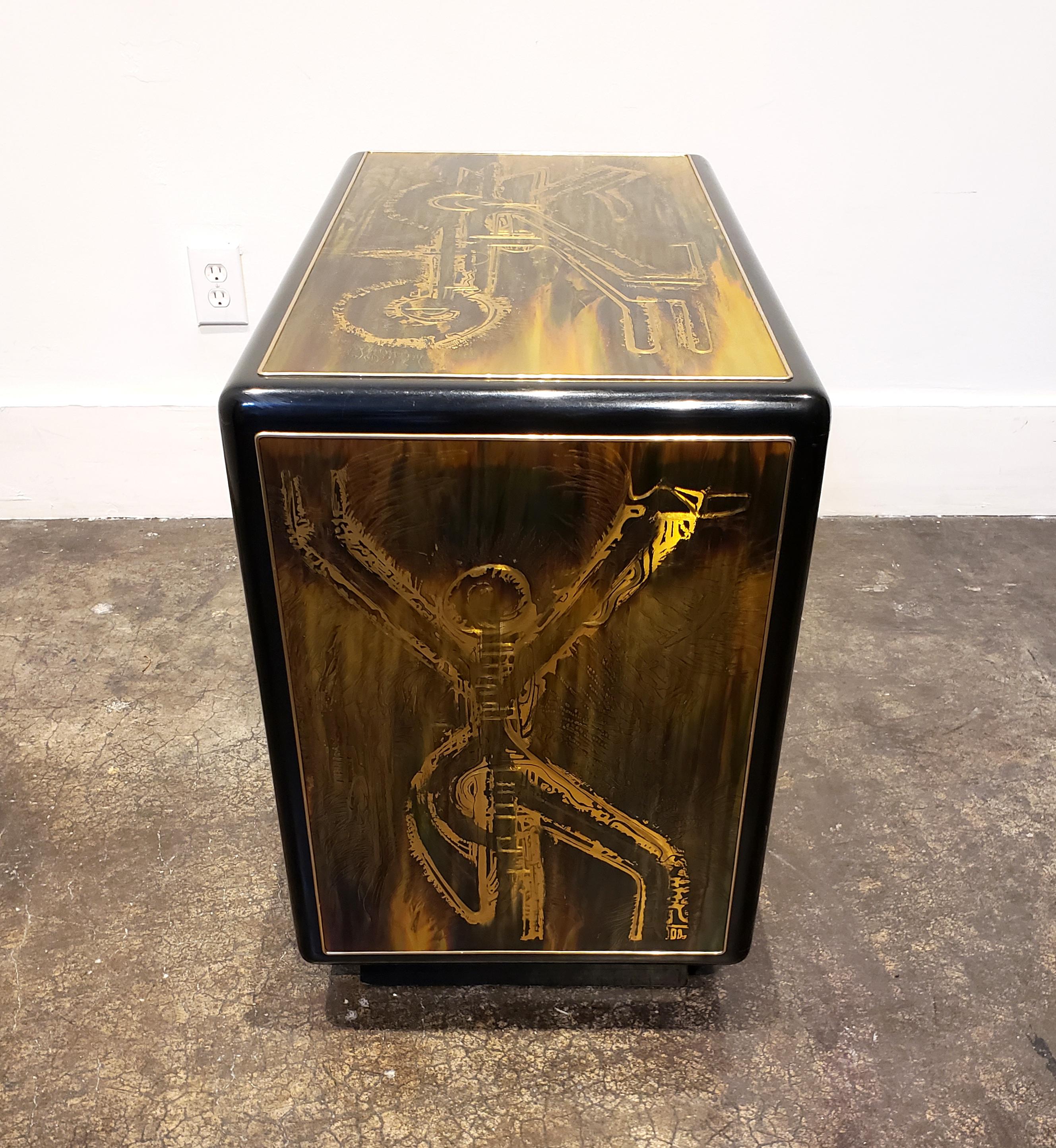 Acid Etched Brass and Black Lacquer Chest Cabinet Bernhard Rohne for Mastercraft In Good Condition For Sale In Dallas, TX