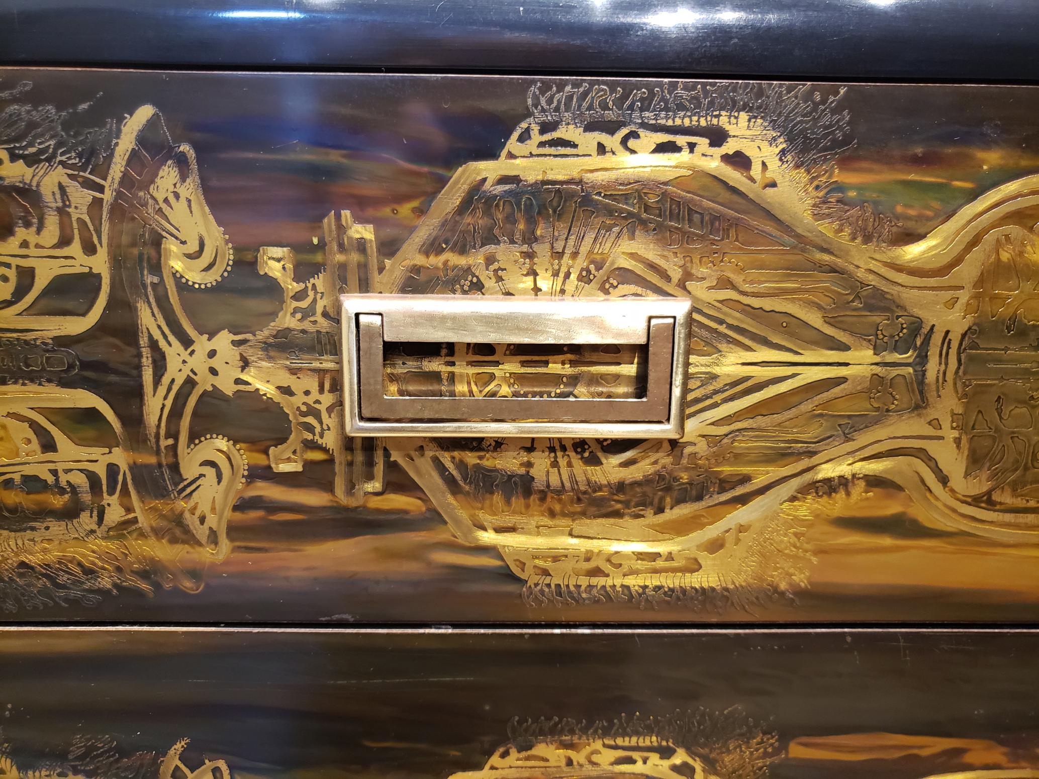 Acid Etched Brass and Black Lacquer Chest Cabinet Bernhard Rohne for Mastercraft For Sale 2