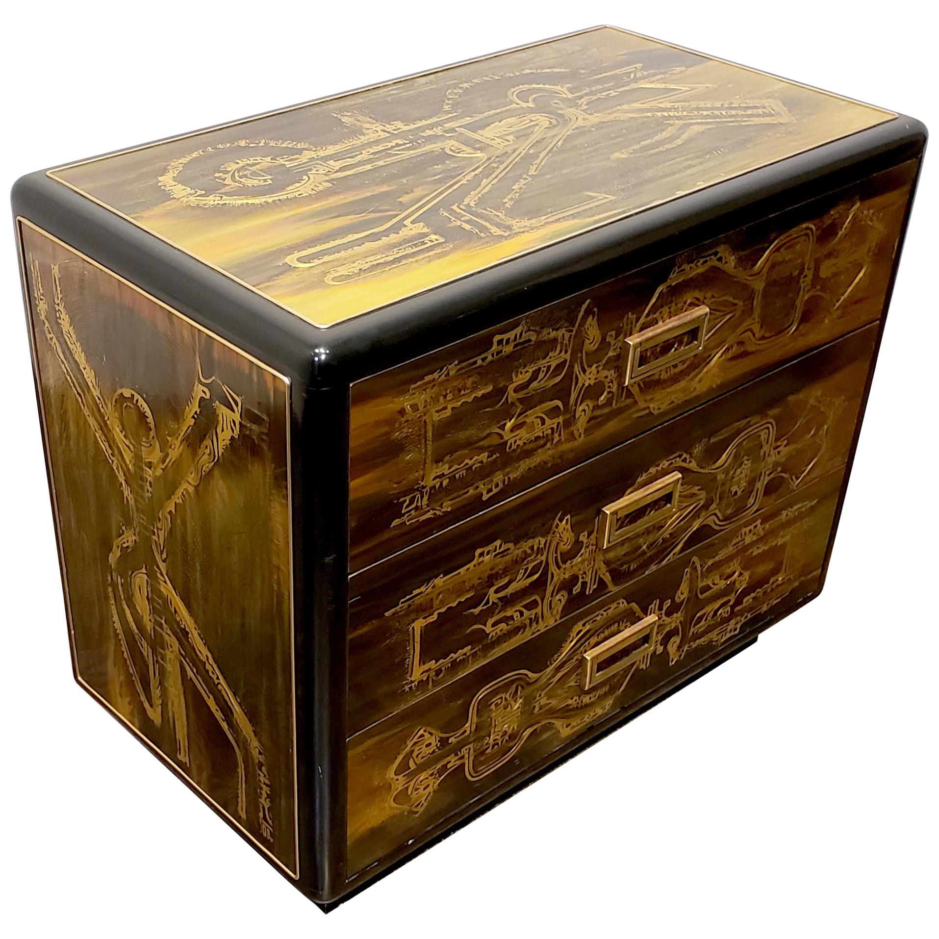 Acid Etched Brass and Black Lacquer Chest Cabinet Bernhard Rohne for Mastercraft For Sale
