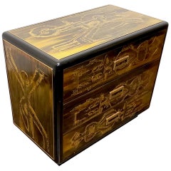 Acid Etched Brass and Black Lacquer Chest Cabinet Bernhard Rohne for Mastercraft