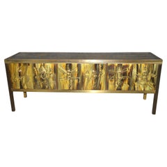 Acid Etched Brass Bernard Rohne for Mastercraft Brass Sideboard Buffet