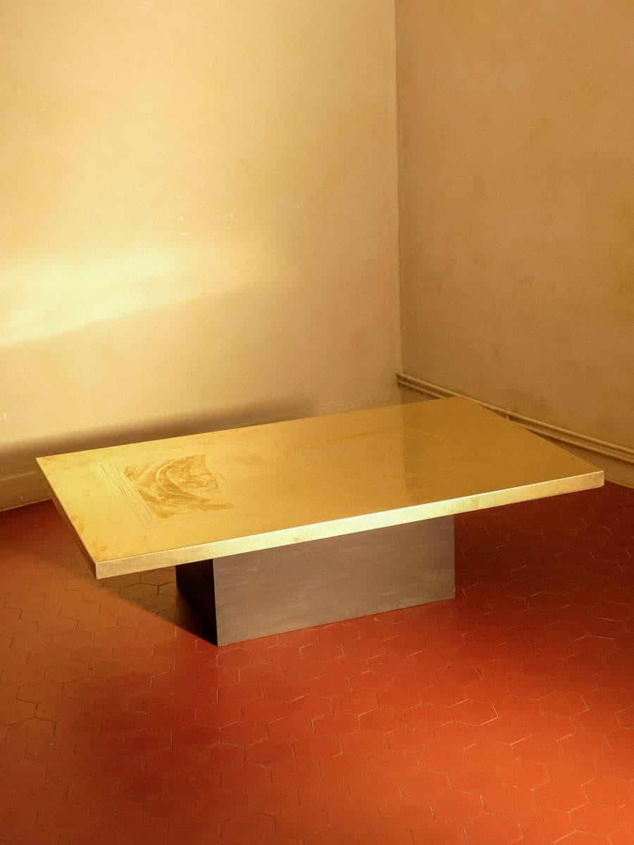 Acid-etched brass coffee table signed Christian Krekels, 1977. 
