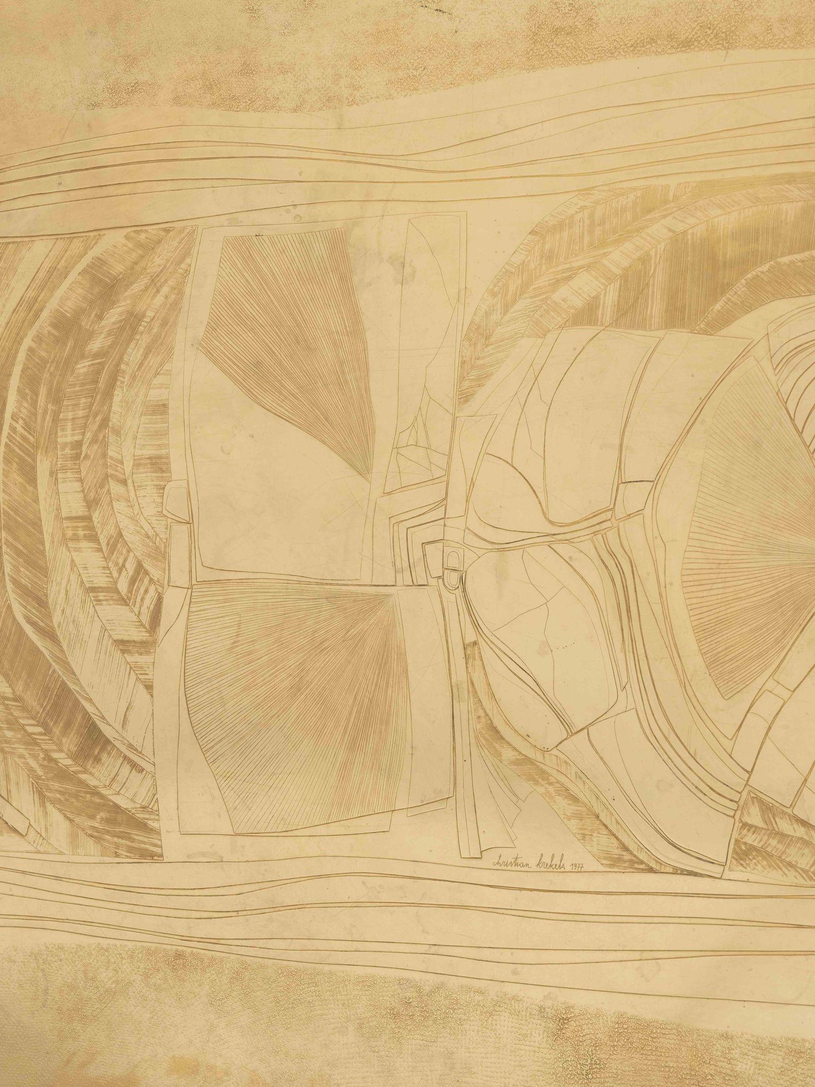 Etched Acid-etched brass coffee table signed Christian Krekels, 1977