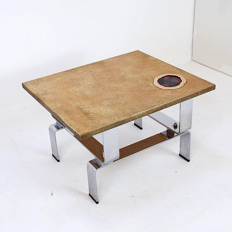 Acid-etched brass coffee table top by Christian Krekels with an agate stone For Sale 3