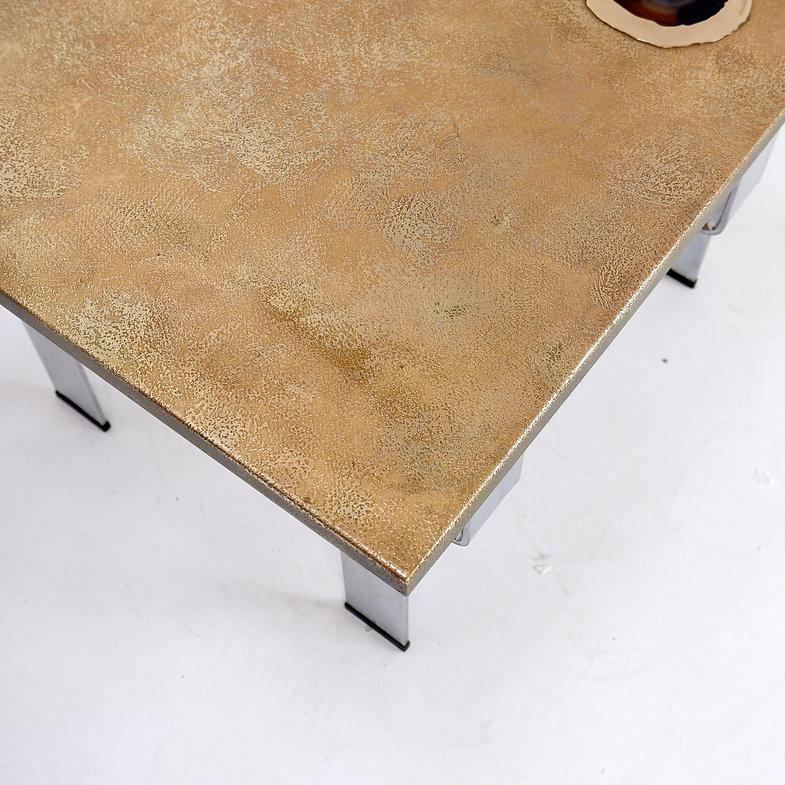 Acid-etched brass coffee table top by Christian Krekels with an agate stone For Sale 4