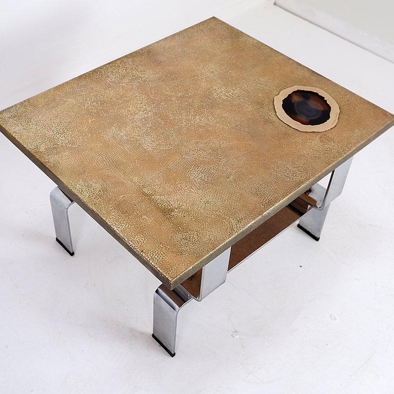 Acid-etched brass coffee table top by Christian Krekels with an agate stone For Sale 6