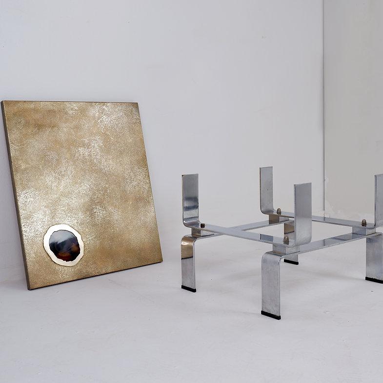 Acid-etched brass coffee table top by Christian Krekels with an agate stone For Sale 7