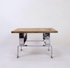 Acid-etched brass coffee table top by Christian Krekels with an agate stone